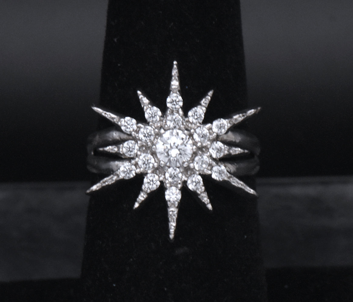 Sterling Silver Starburst Design Cubic Zirconia Ring - Size 6.25