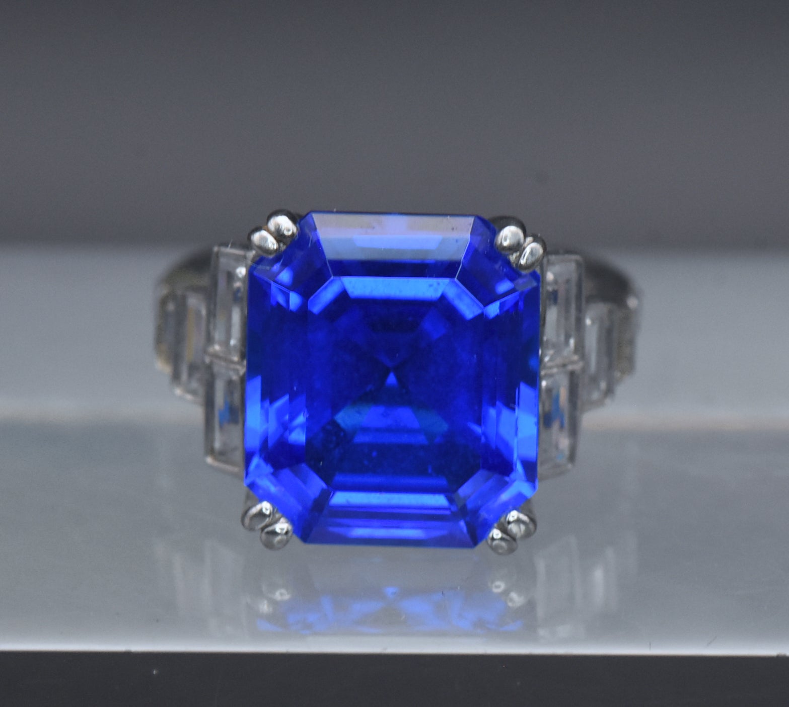 Vintage Synthetic Blue Spinel and CZ Sterling Silver Ring - Size 6.25