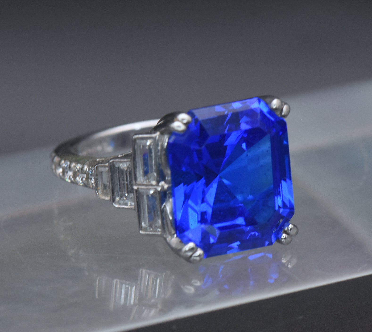 Vintage Synthetic Blue Spinel and CZ Sterling Silver Ring - Size 6.25