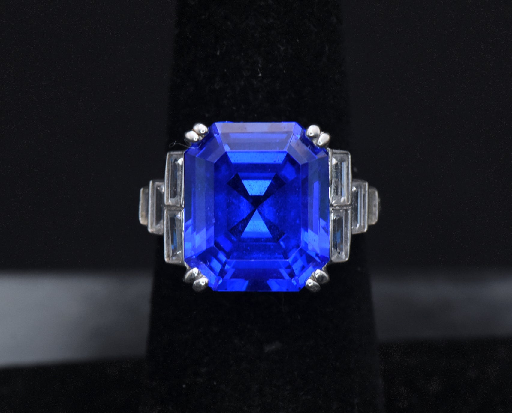 Vintage Synthetic Blue Spinel and CZ Sterling Silver Ring - Size 6.25