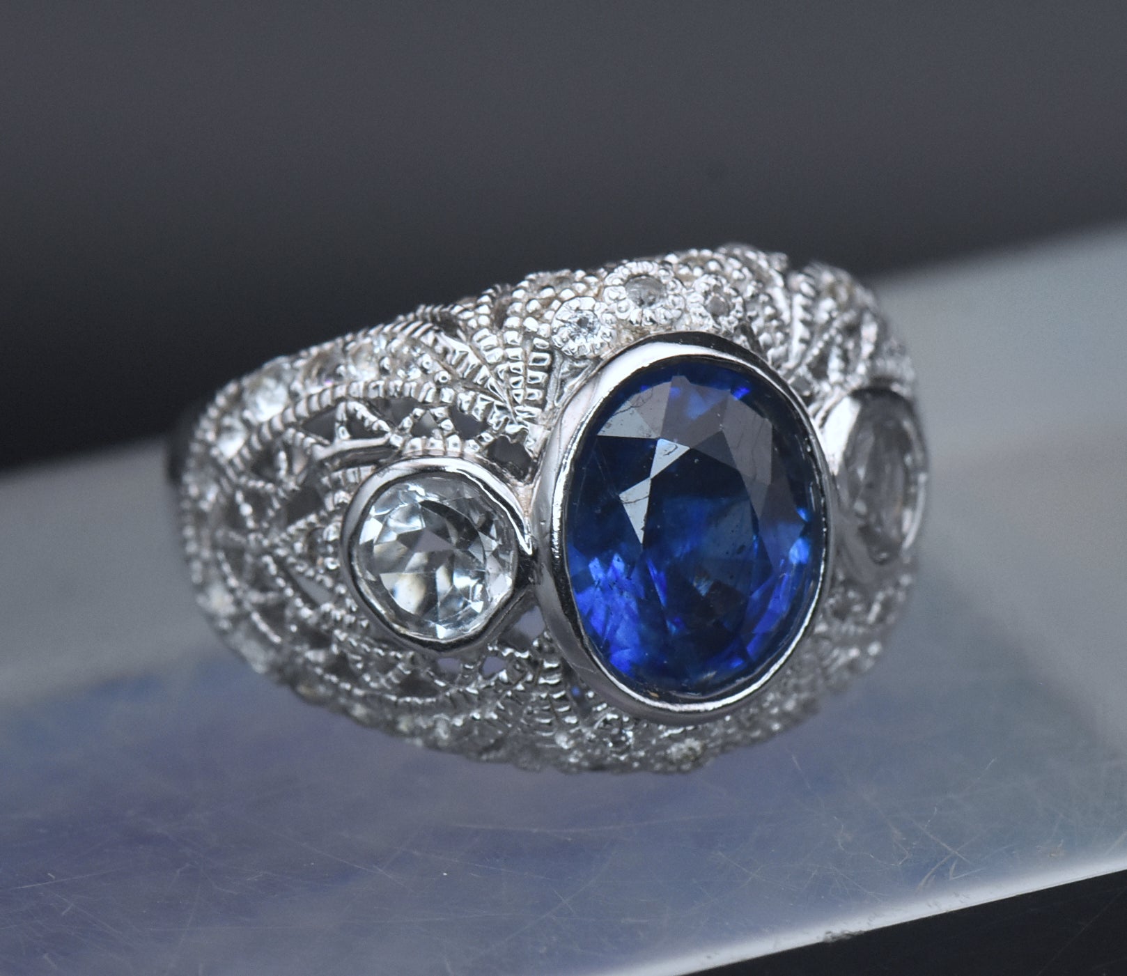 Vintage Sapphire and Topaz Sterling Silver Ring - Size 6