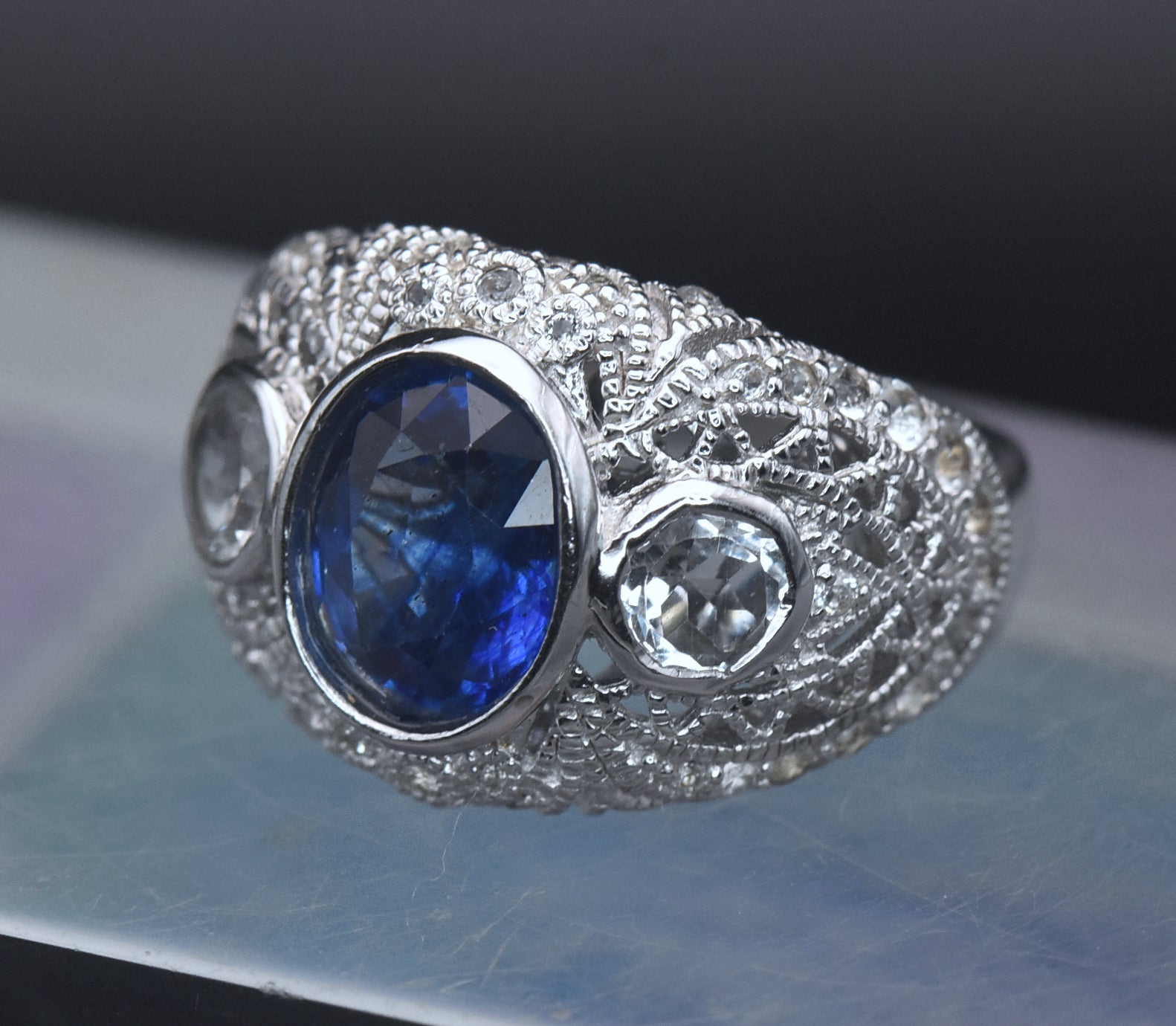 Vintage Sapphire and Topaz Sterling Silver Ring - Size 6