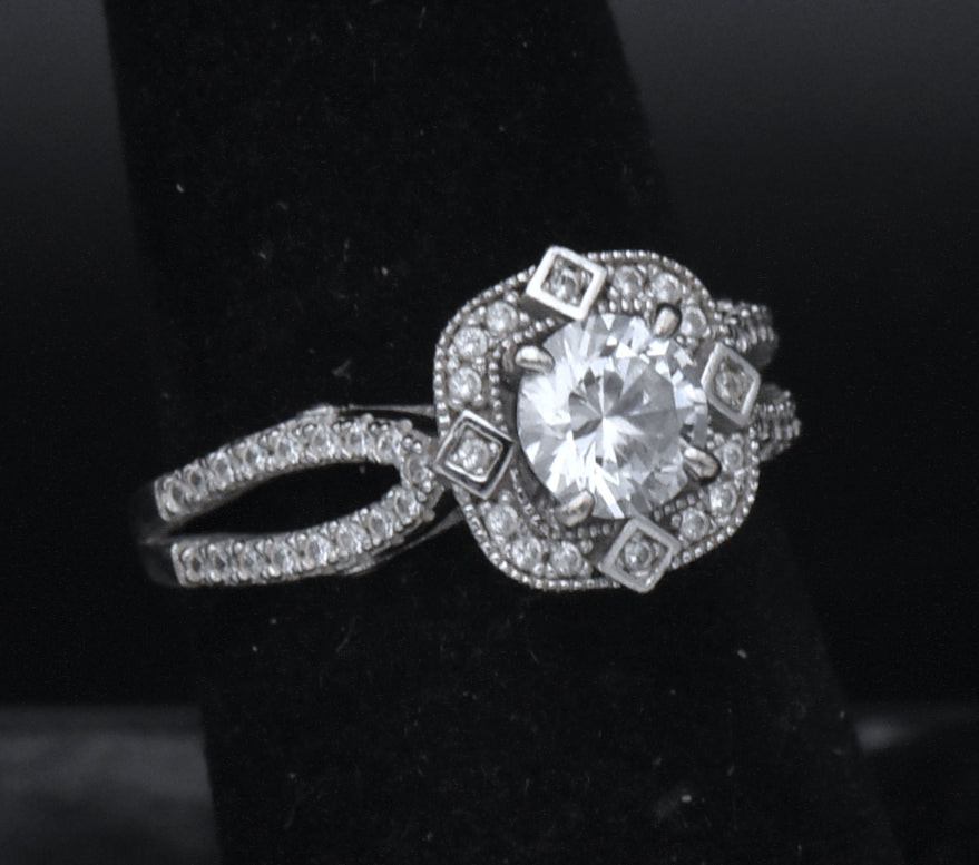 Sterling Silver Cubic Zirconia Halo Ring - Size 6