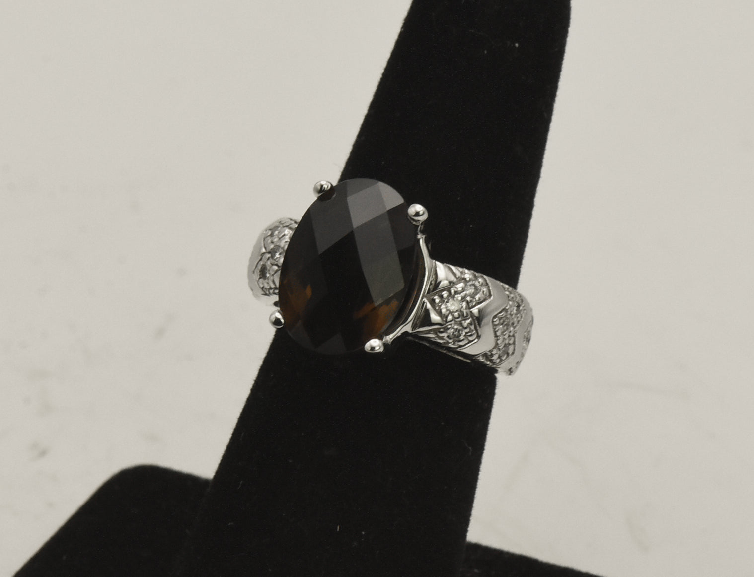 Vintage 14k White Gold Smoky Quartz and Diamonds Ring - Size 5.75