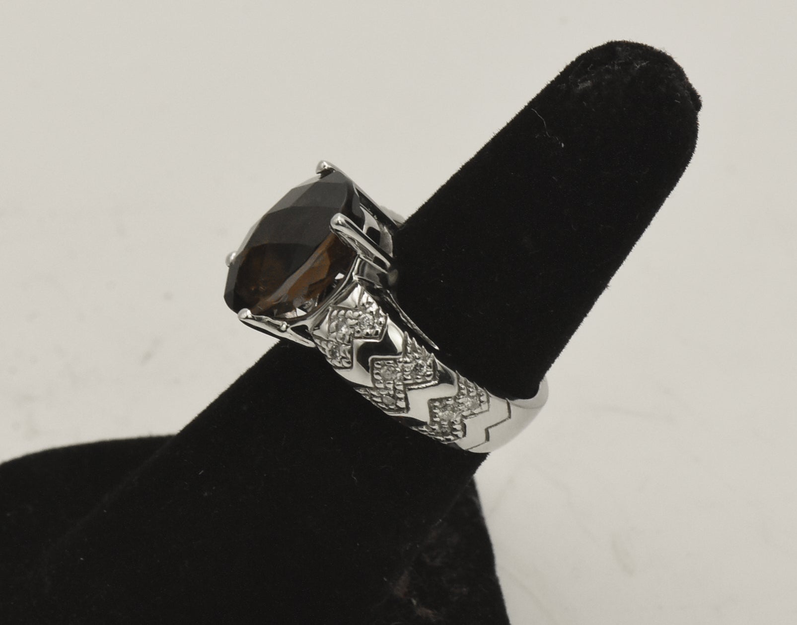 Vintage 14k White Gold Smoky Quartz and Diamonds Ring - Size 5.75