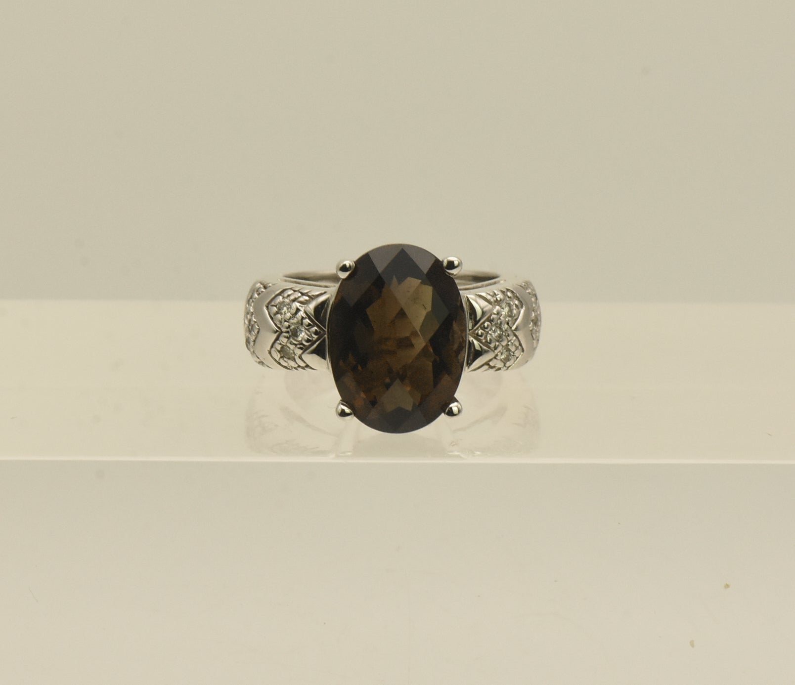Vintage 14k White Gold Smoky Quartz and Diamonds Ring - Size 5.75