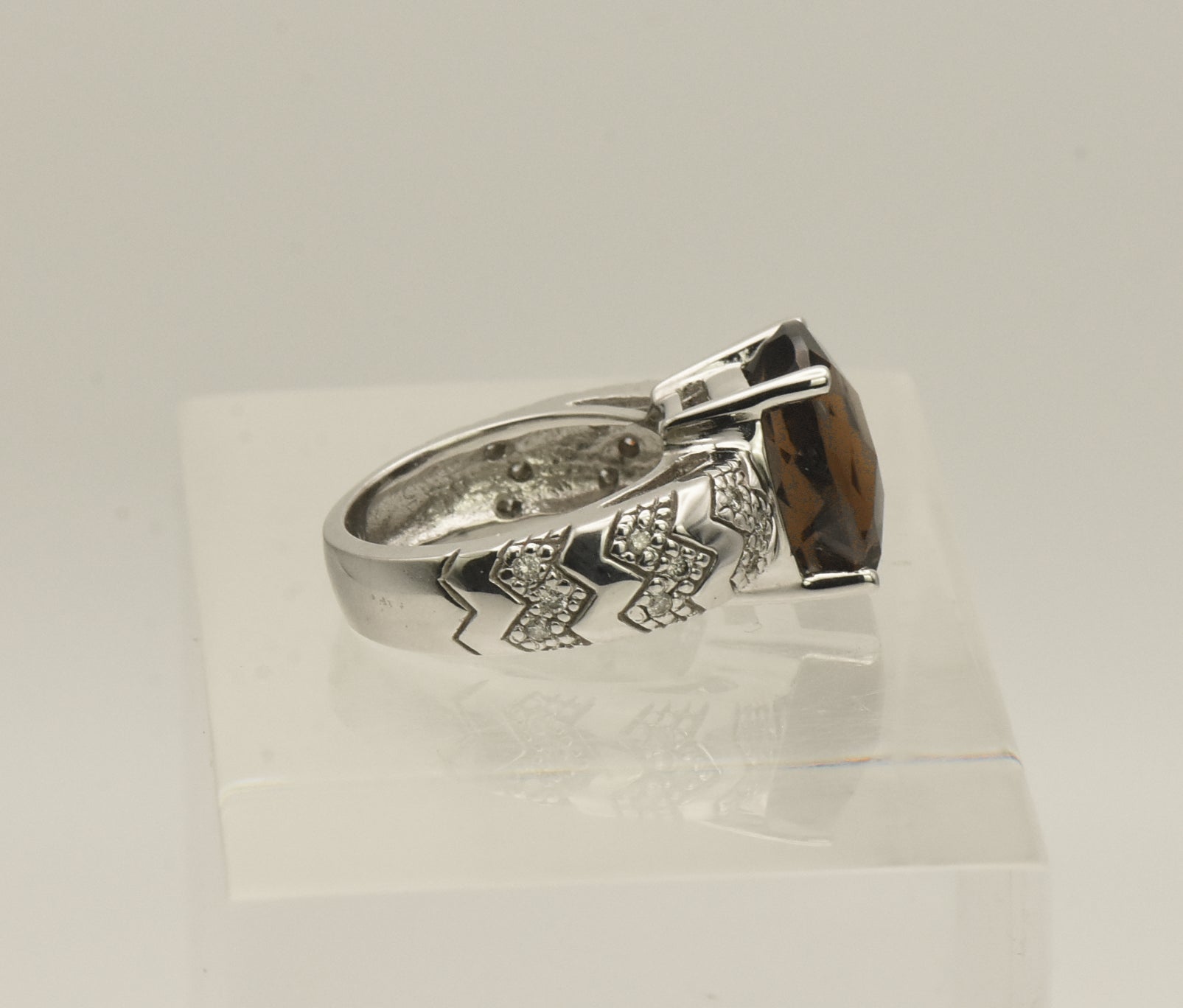 Vintage 14k White Gold Smoky Quartz and Diamonds Ring - Size 5.75