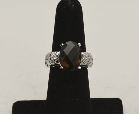 Vintage 14k White Gold Smoky Quartz and Diamonds Ring - Size 5.75