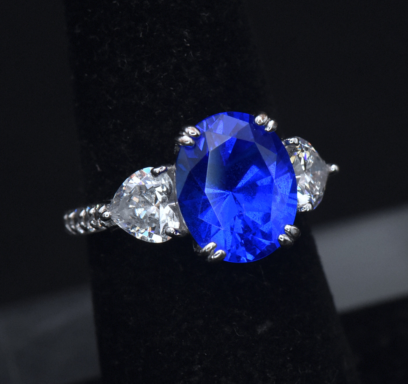 Vintage Synthetic Blue Spinel and CZ Sterling Silver Ring - Size 6
