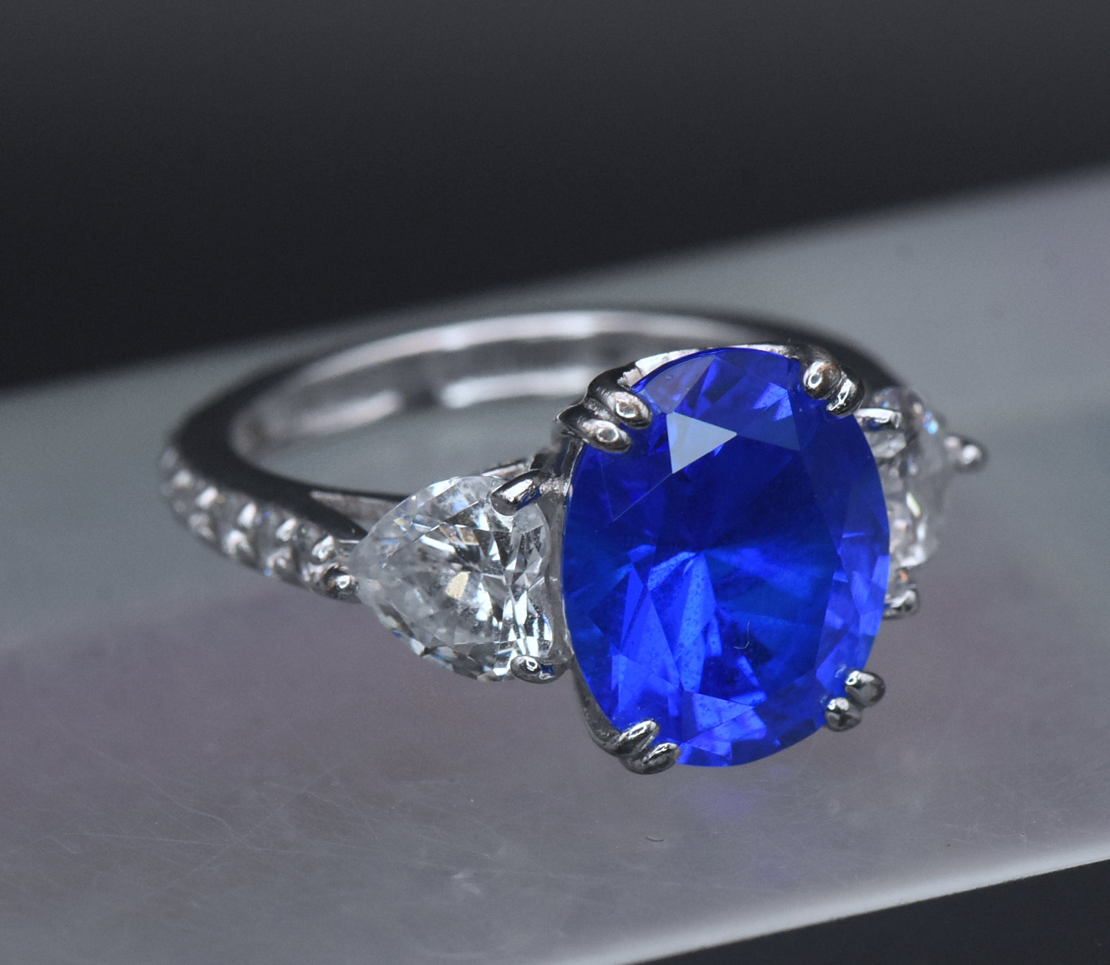 Vintage Synthetic Blue Spinel and CZ Sterling Silver Ring - Size 6