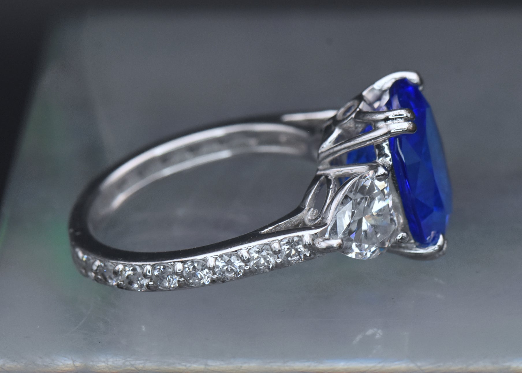 Vintage Synthetic Blue Spinel and CZ Sterling Silver Ring - Size 6