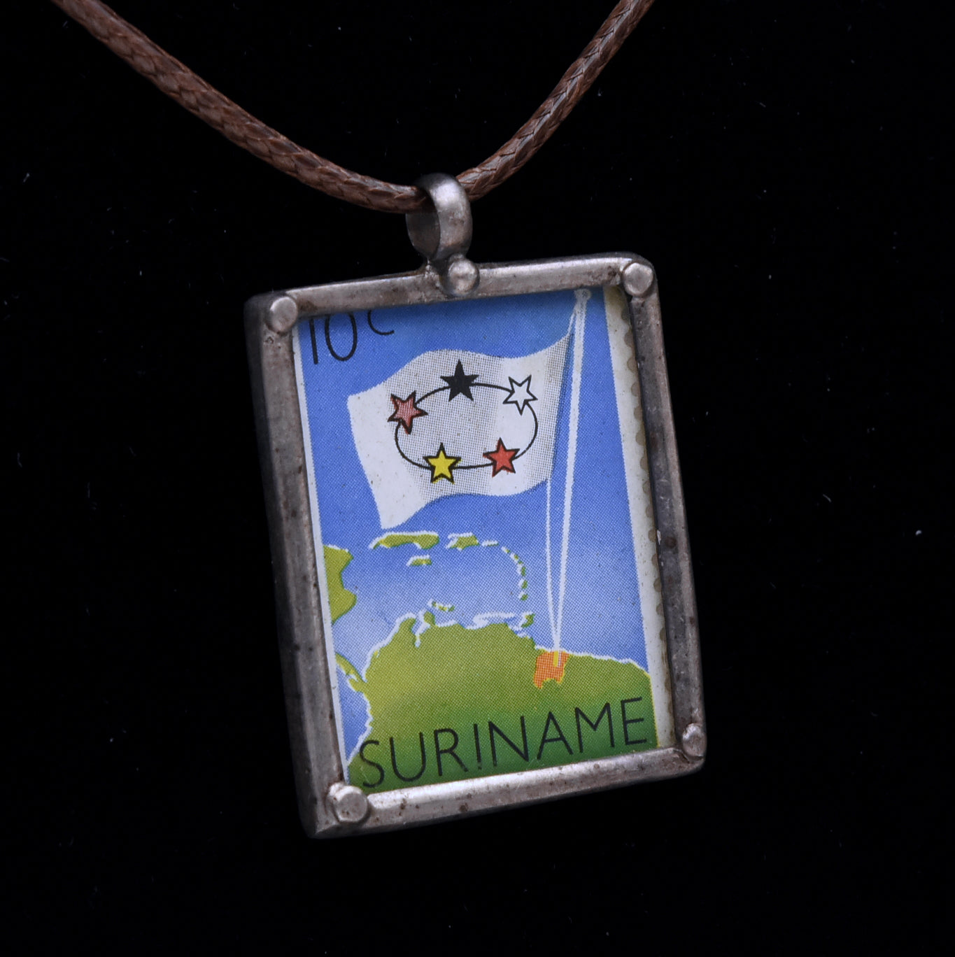 Vintage 1960 Suriname Stamp Sterling Silver Pendant Necklace