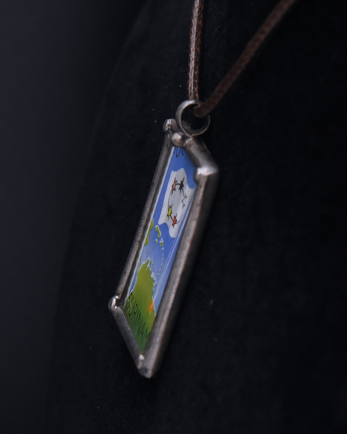 Vintage 1960 Suriname Stamp Sterling Silver Pendant Necklace