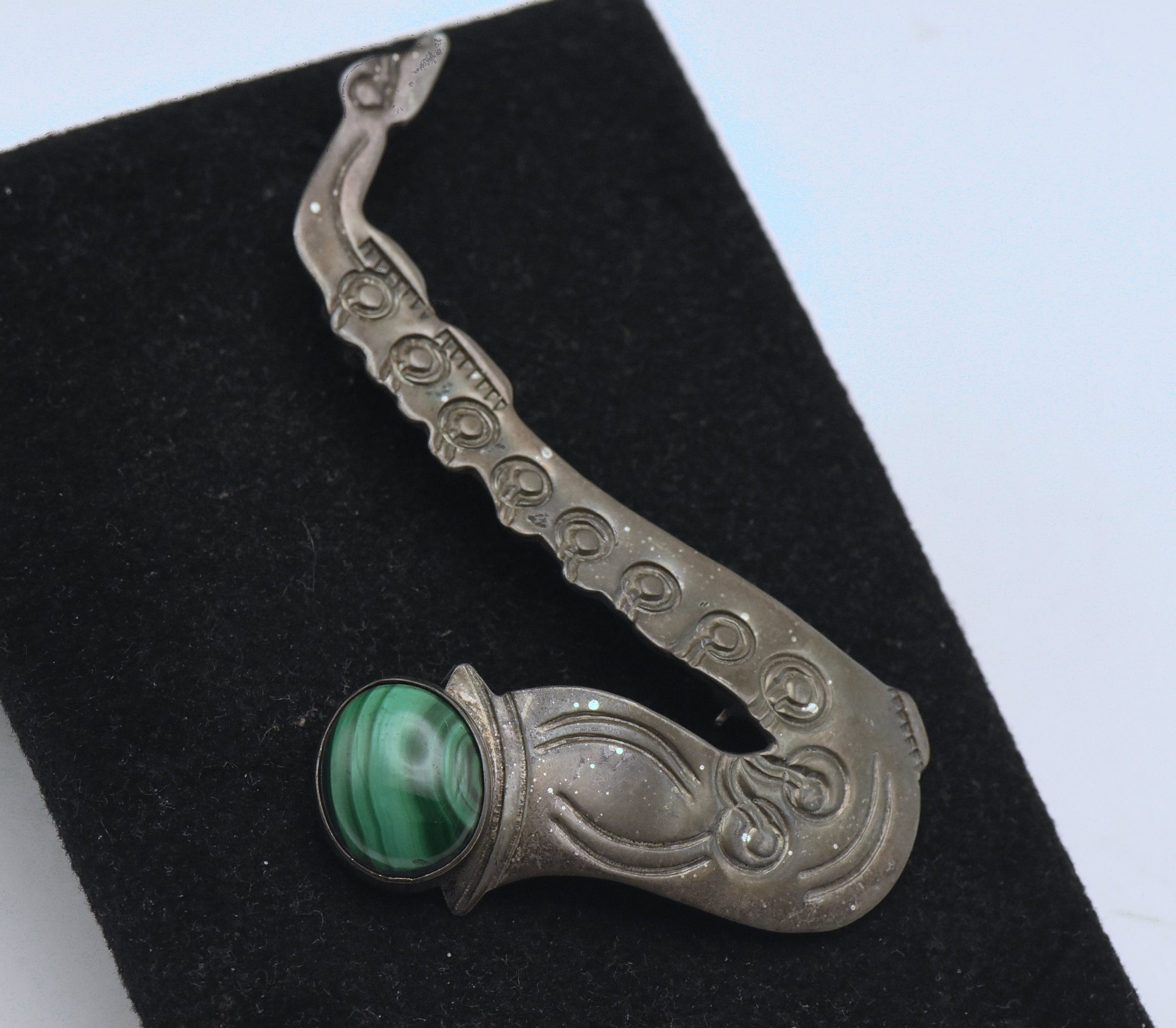 Grady Alexander - Vintage Handmade Sterling Silver and Malachite Saxophone Brooch