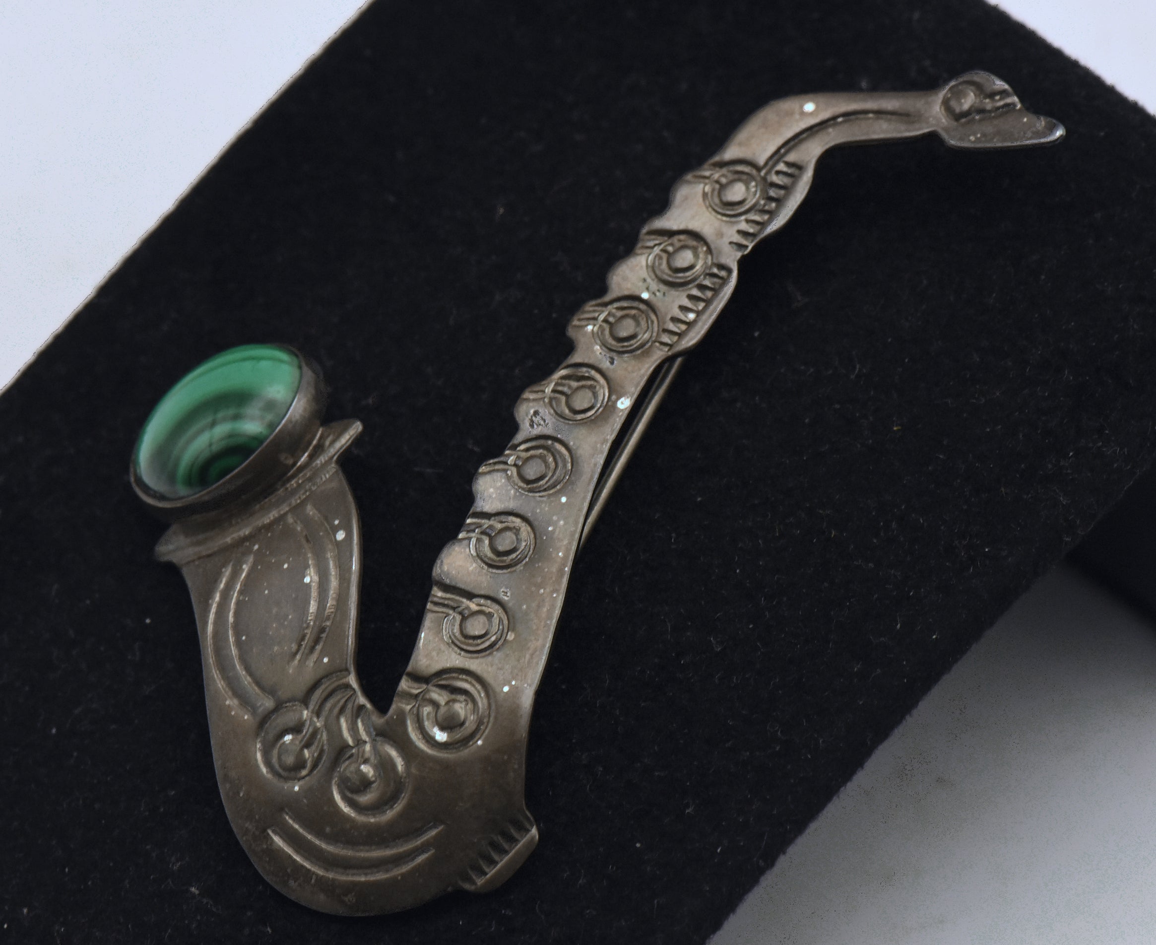 Grady Alexander - Vintage Handmade Sterling Silver and Malachite Saxophone Brooch