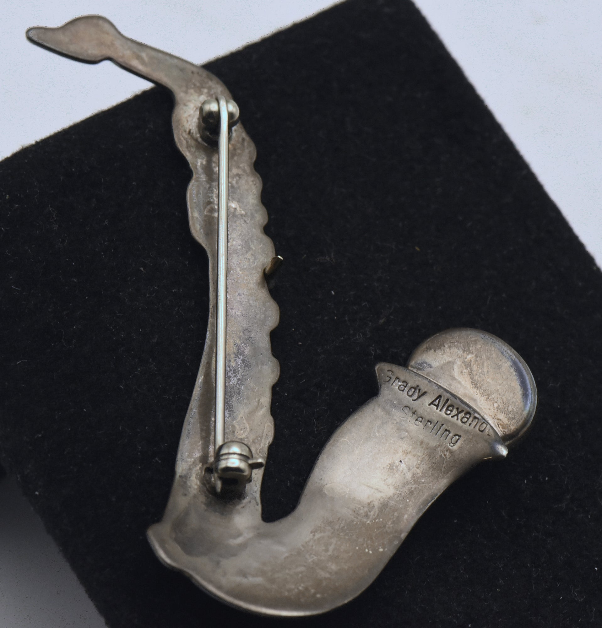 Grady Alexander - Vintage Handmade Sterling Silver and Malachite Saxophone Brooch