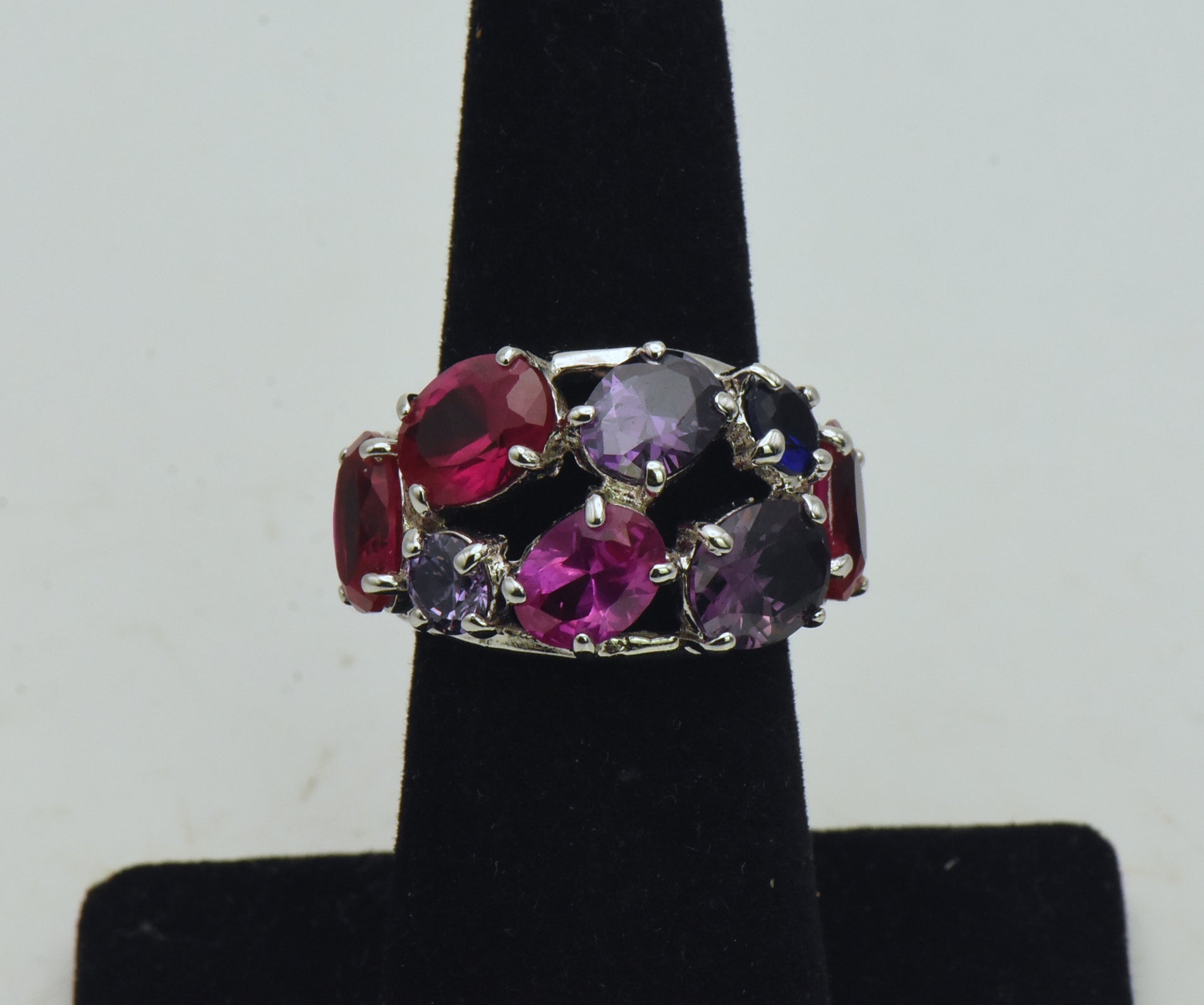 Vintage Sterling Silver Synthetic Ruby and Sapphires, CZ Ring - Size 6.25