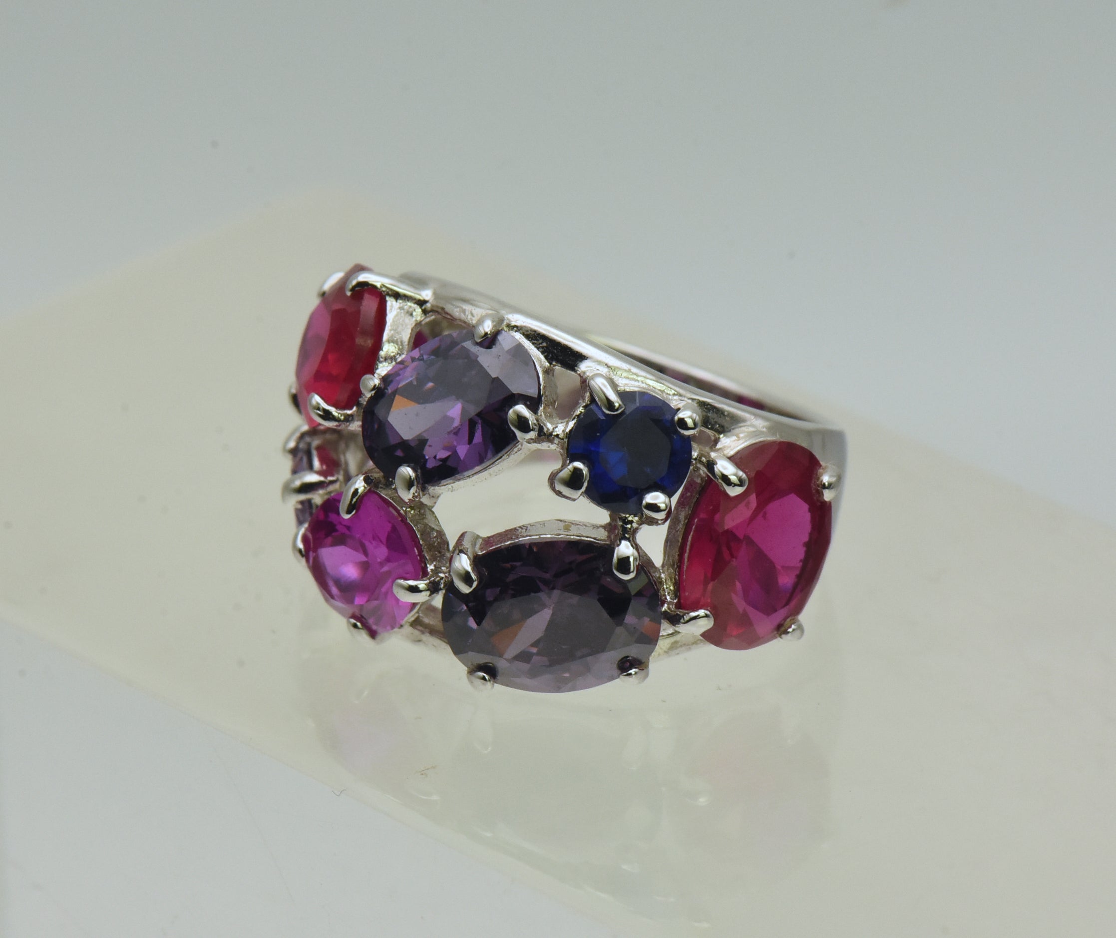 Vintage Sterling Silver Synthetic Ruby and Sapphires, CZ Ring - Size 6.25