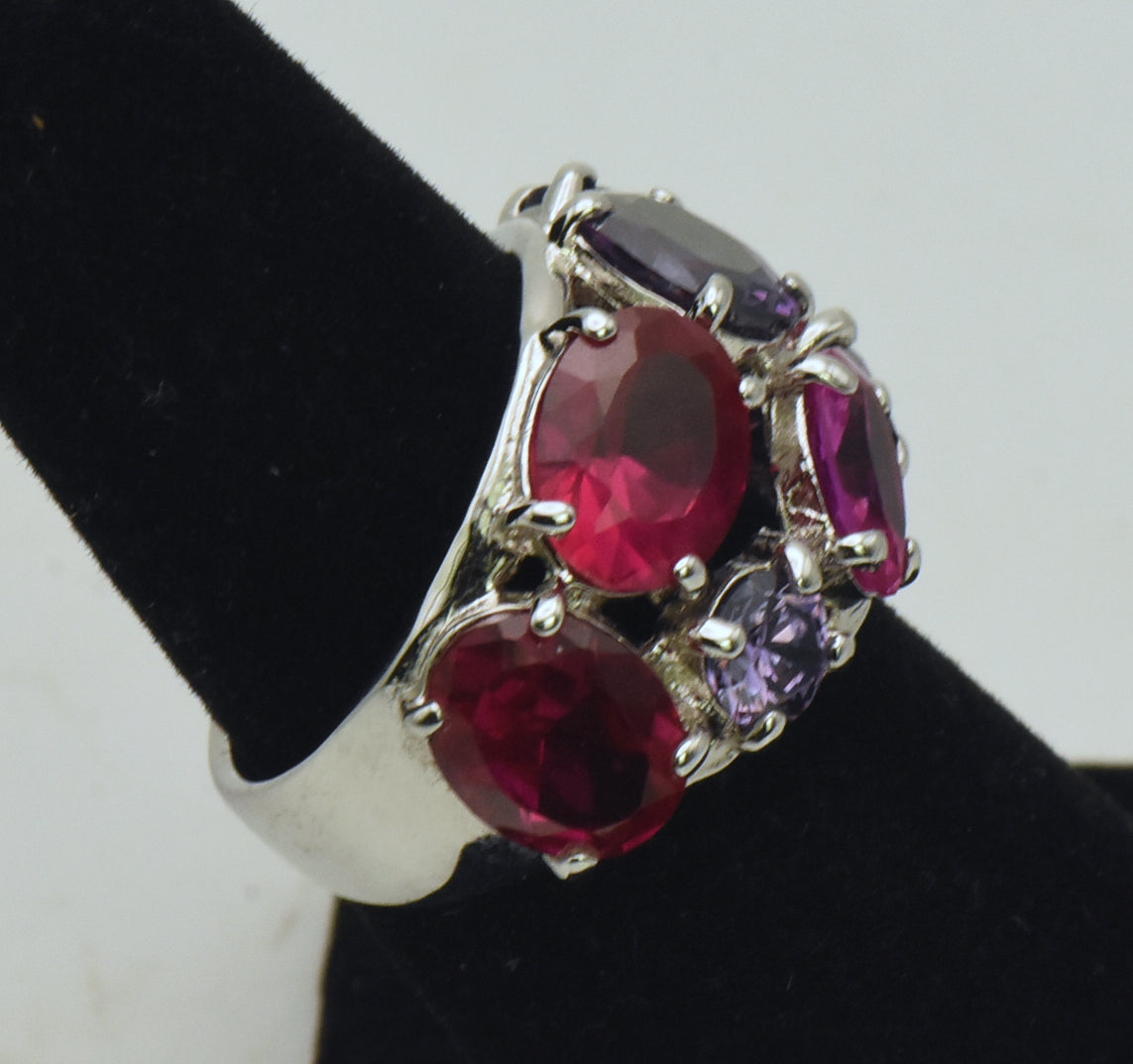 Vintage Sterling Silver Synthetic Ruby and Sapphires, CZ Ring - Size 6.25