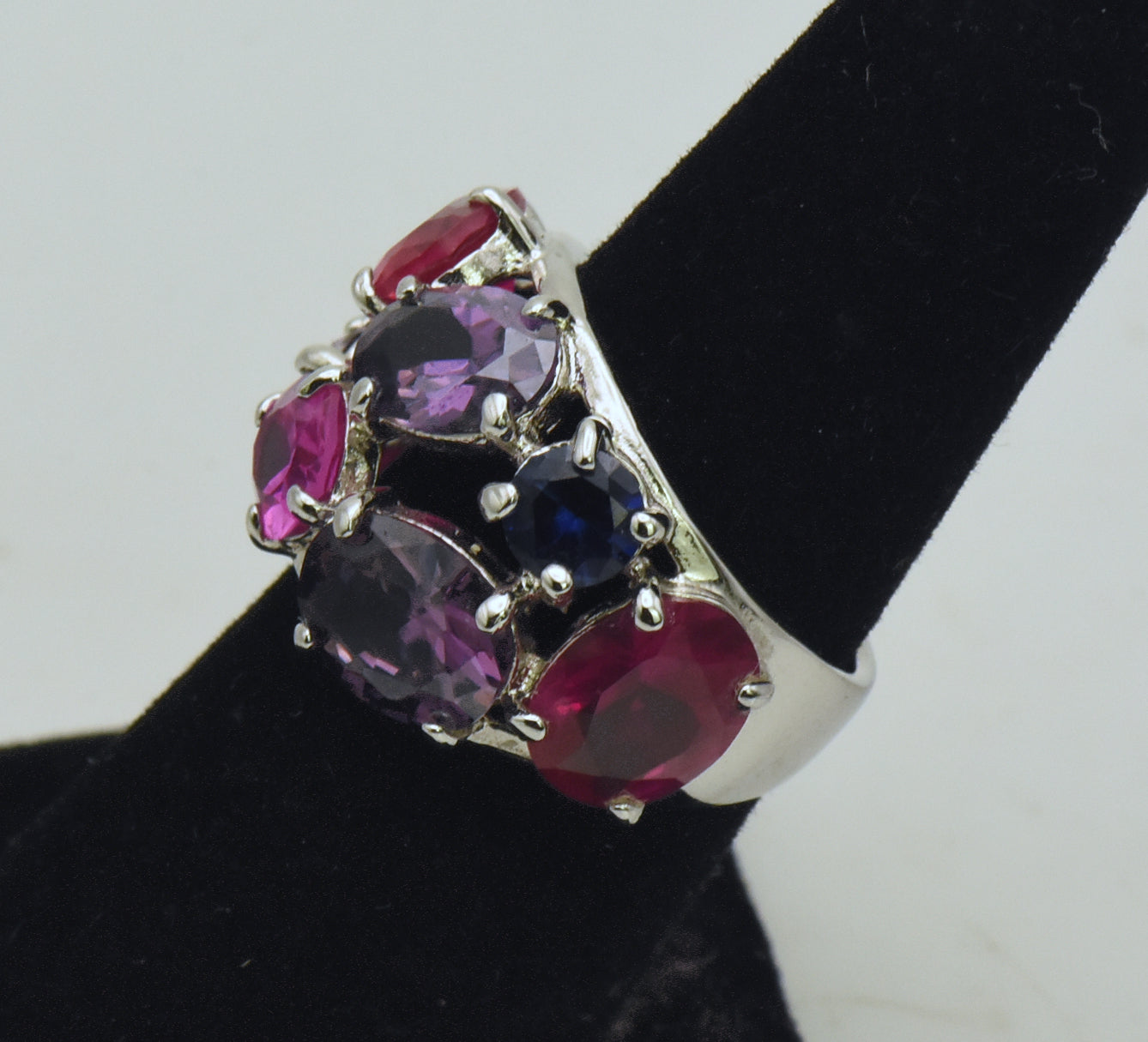 Vintage Sterling Silver Synthetic Ruby and Sapphires, CZ Ring - Size 6.25