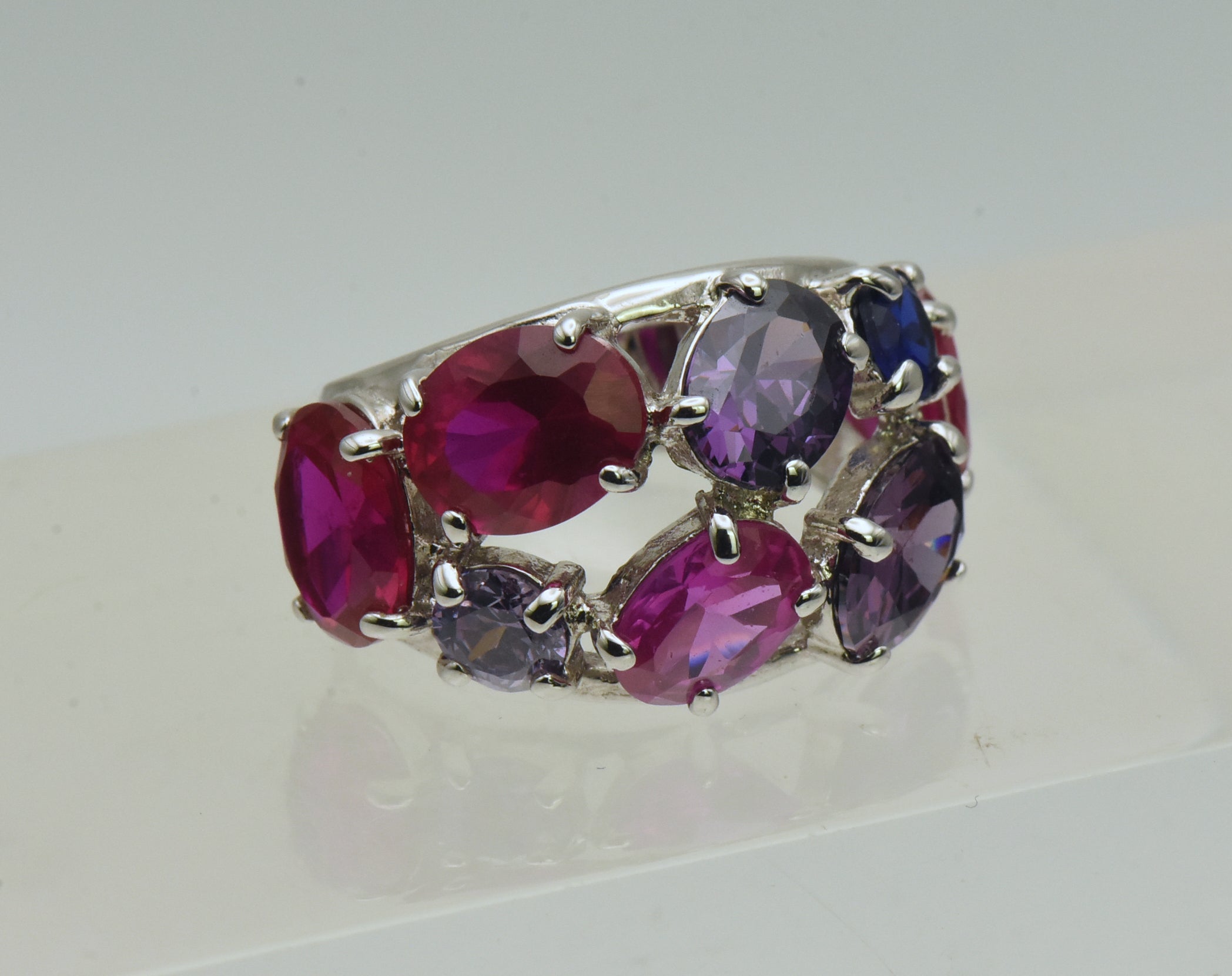 Vintage Sterling Silver Synthetic Ruby and Sapphires, CZ Ring - Size 6.25