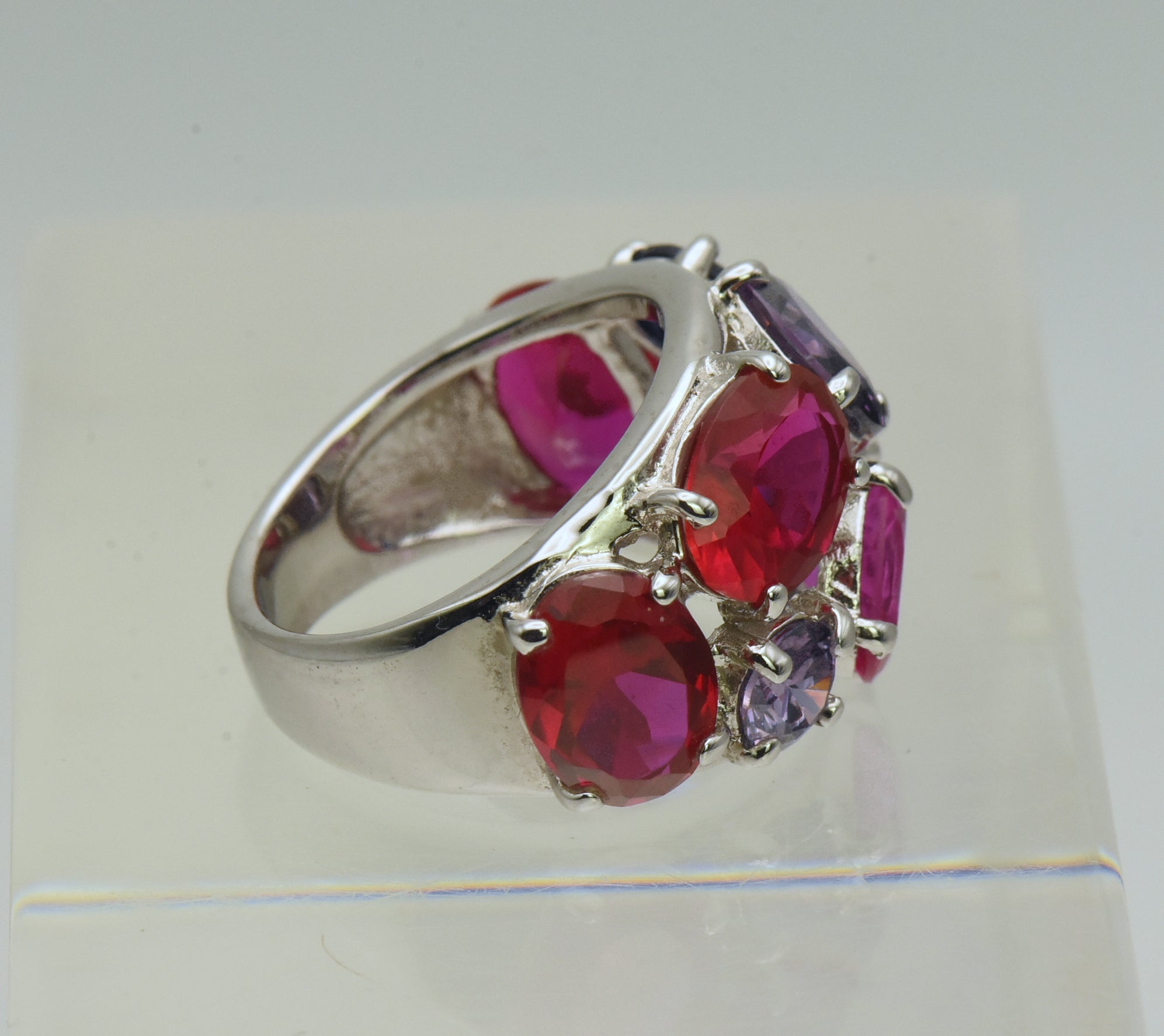 Vintage Sterling Silver Synthetic Ruby and Sapphires, CZ Ring - Size 6.25
