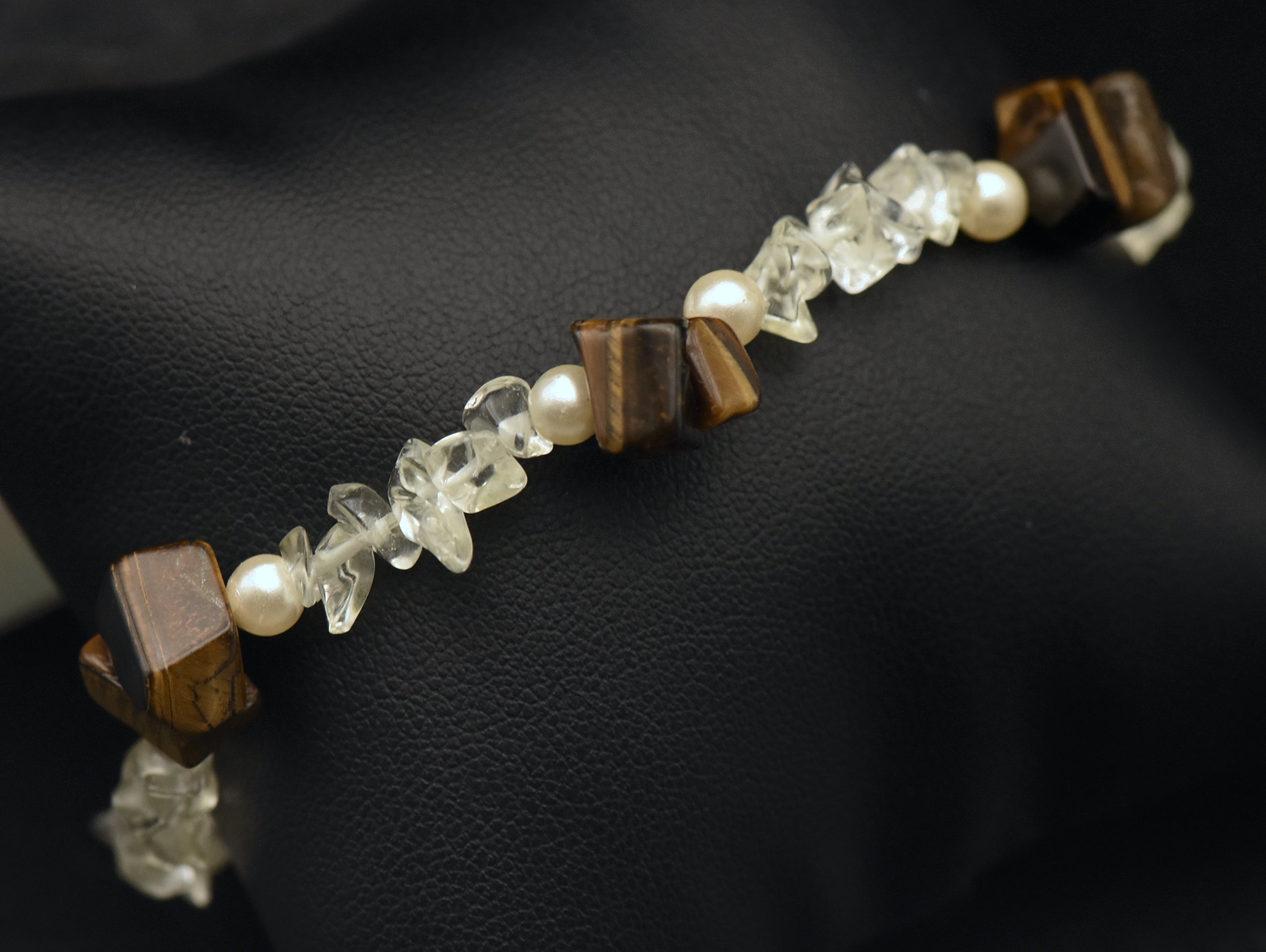 Vintage Tiger's Eye, Quartz, and Faux Pearl Beaded Bracelet