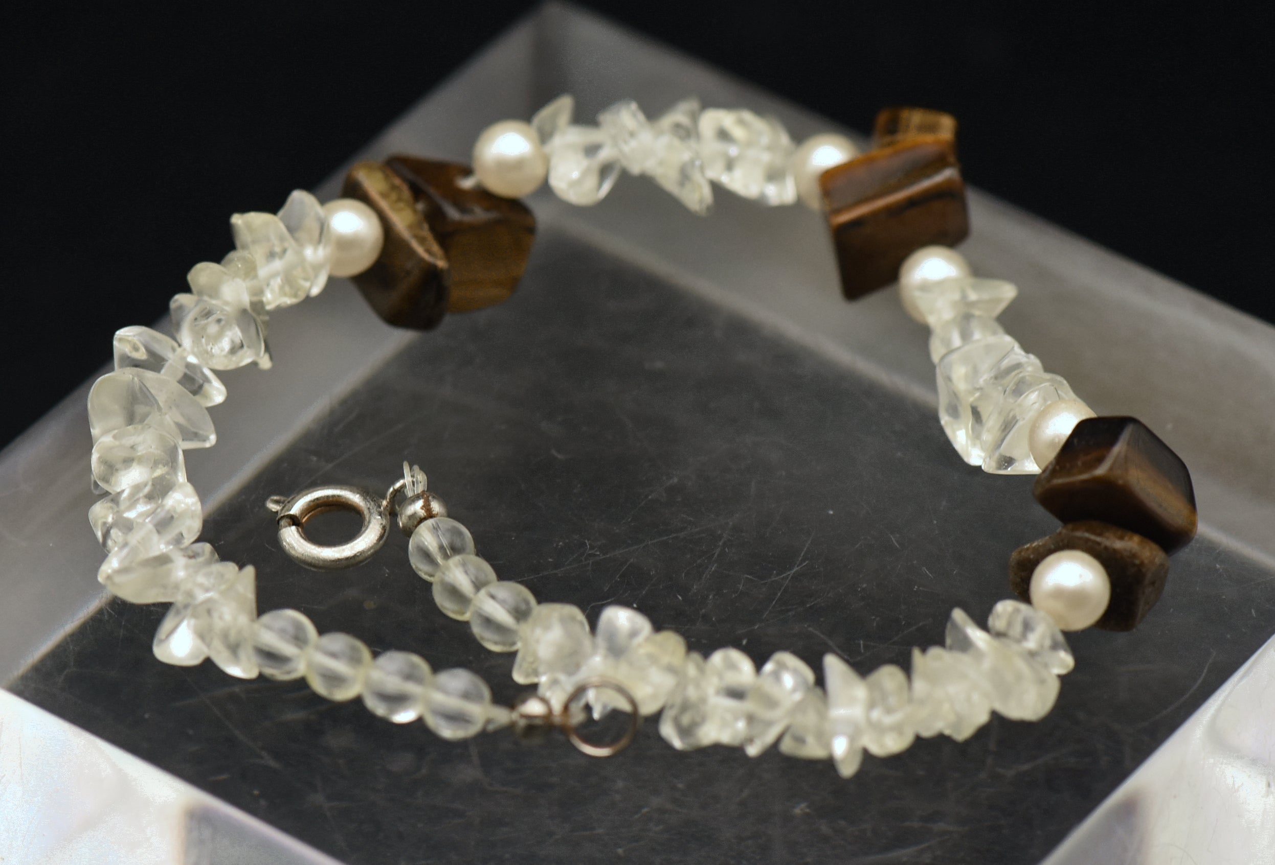 Vintage Tiger's Eye, Quartz, and Faux Pearl Beaded Bracelet