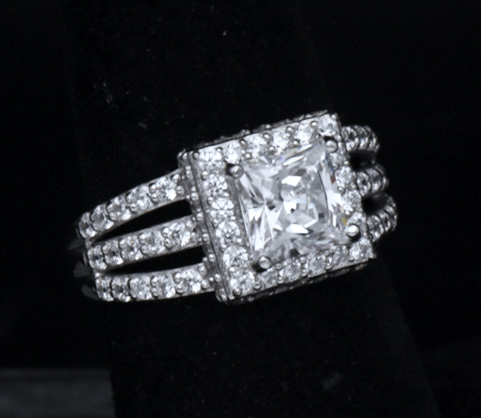 Sterling Silver Princess Cut Cubic Zirconia Halo Ring - Size 6