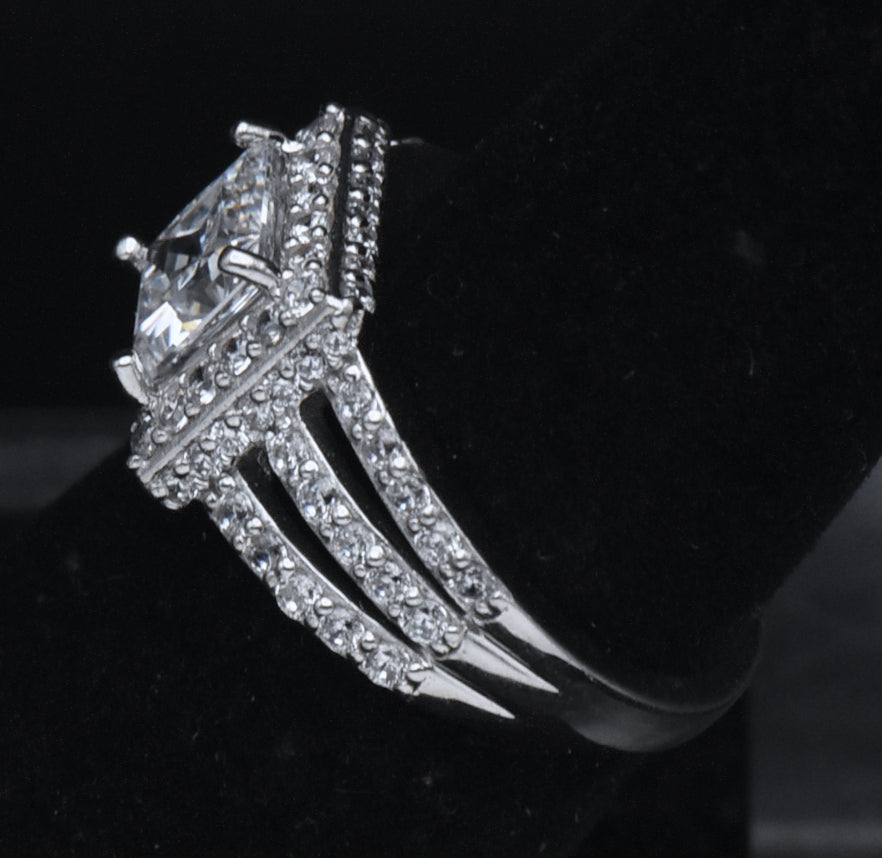 Sterling Silver Princess Cut Cubic Zirconia Halo Ring - Size 6