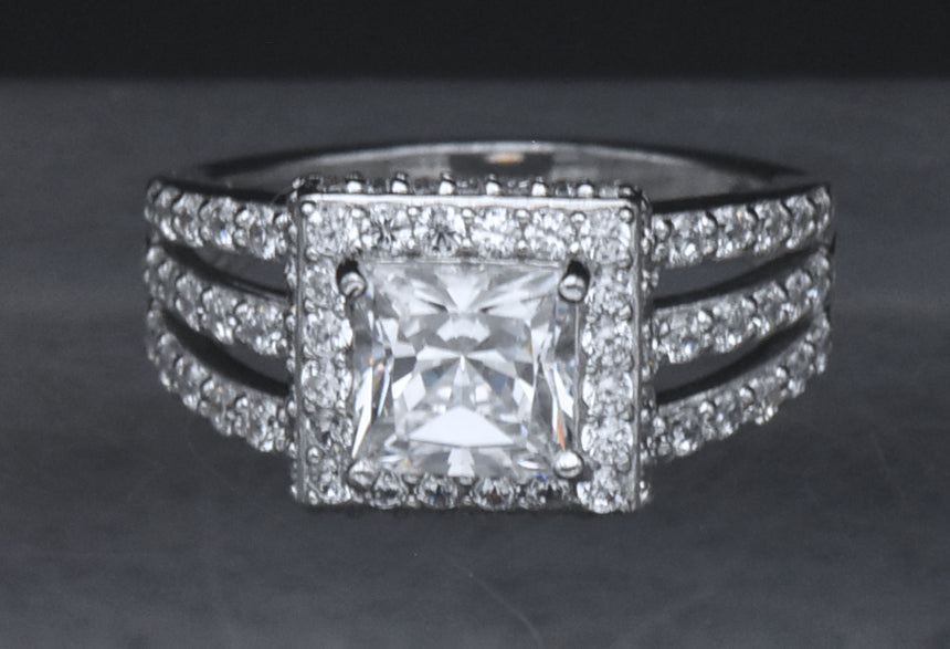 Sterling Silver Princess Cut Cubic Zirconia Halo Ring - Size 6