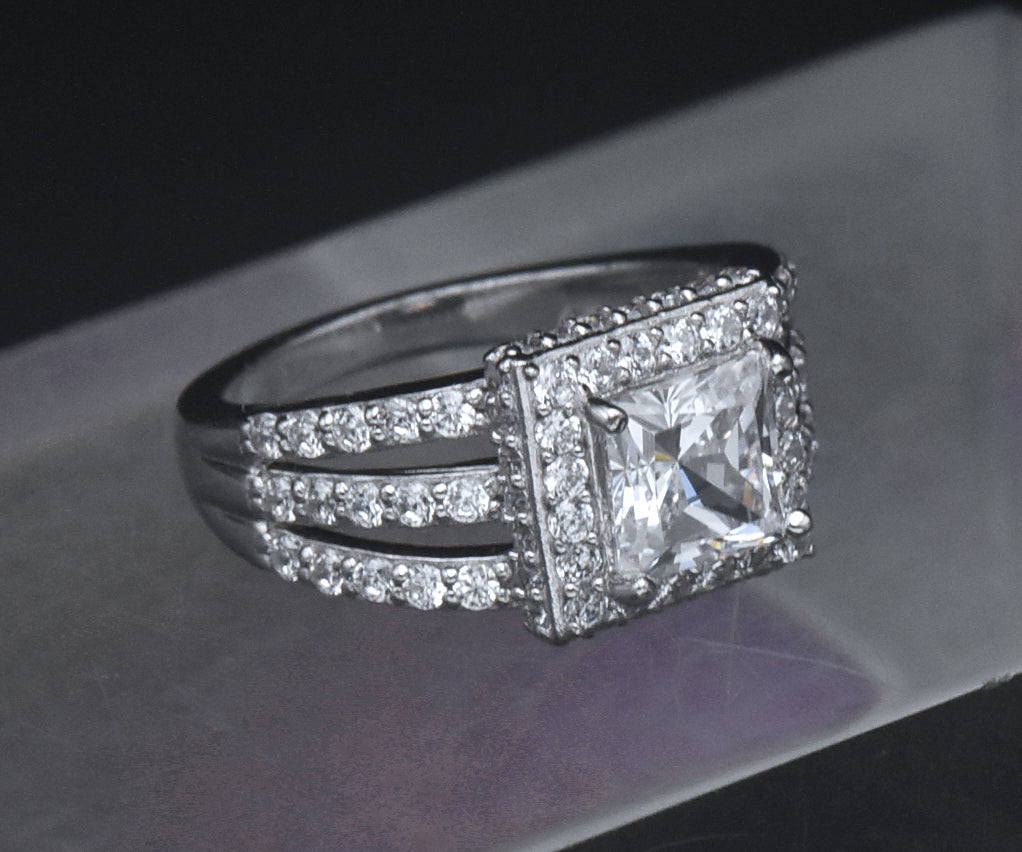 Sterling Silver Princess Cut Cubic Zirconia Halo Ring - Size 6