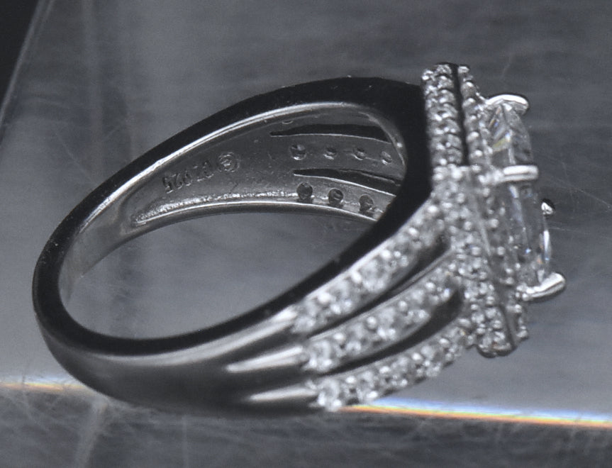 Sterling Silver Princess Cut Cubic Zirconia Halo Ring - Size 6