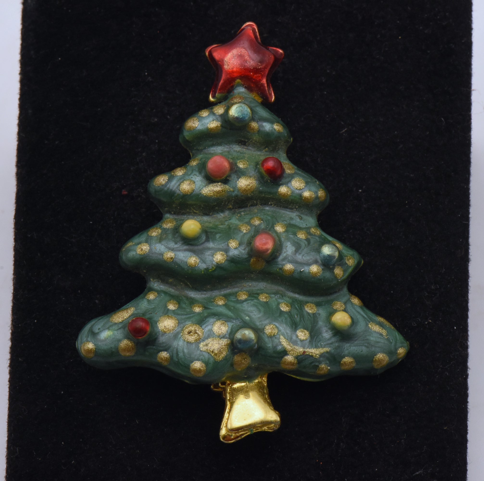 Vintage Gold Tone Metal and Colored Enamel Christmas Tree Brooch