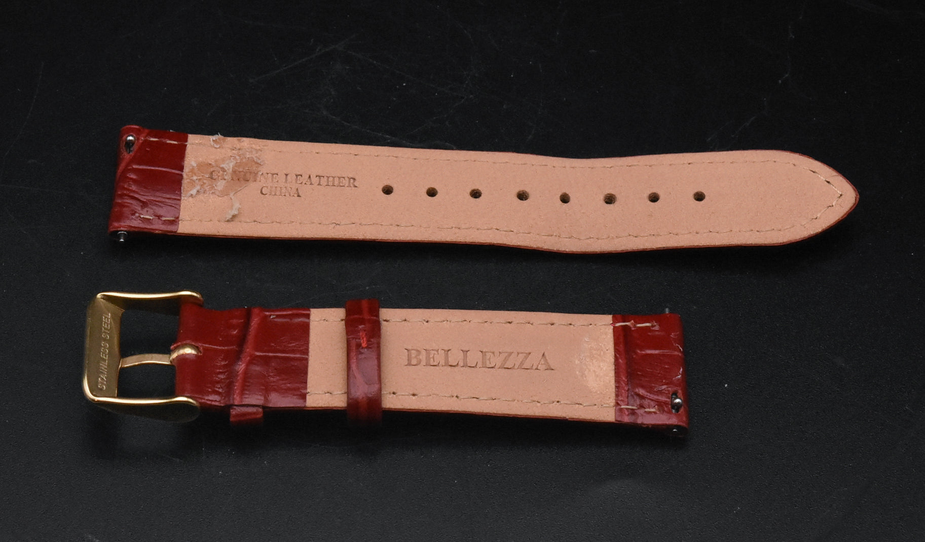 Bellezza - Pair of Replacement Genuine Leather Watch Straps Black and Red - READ DESCRIPTION