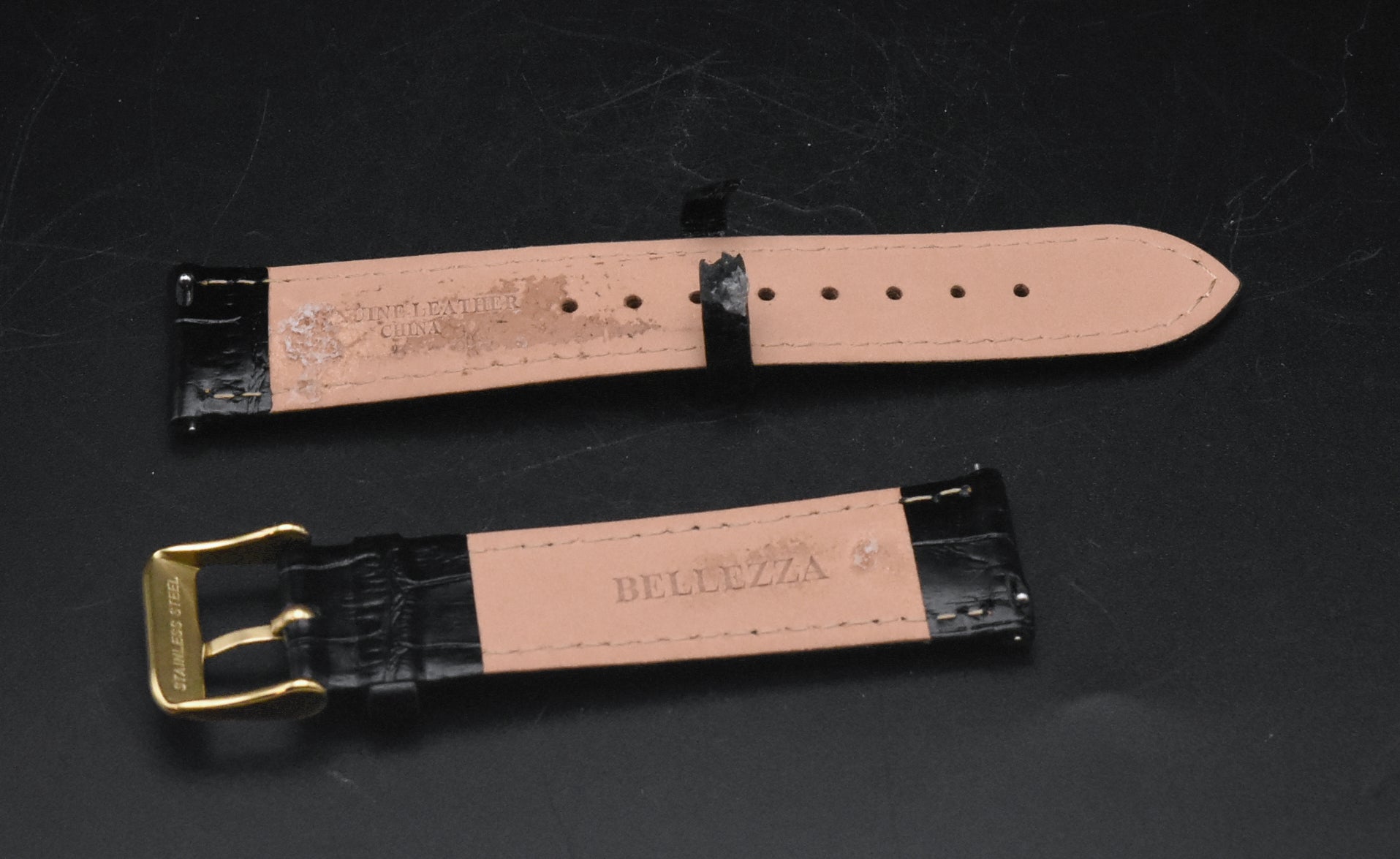 Bellezza - Pair of Replacement Genuine Leather Watch Straps Black and Red - READ DESCRIPTION