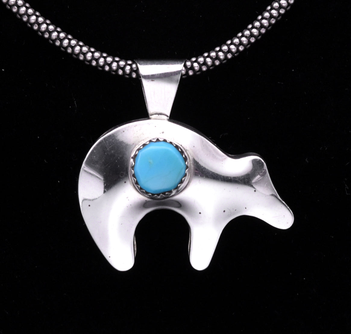 Vintage Handmade Turquoise and Sterling Silver Bear Pendant Necklace - 18.25"
