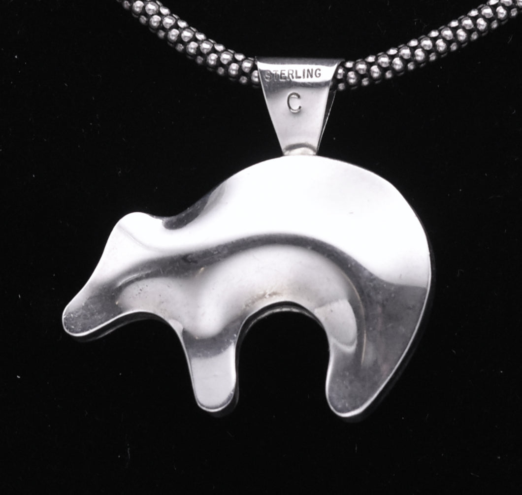 Vintage Handmade Turquoise and Sterling Silver Bear Pendant Necklace - 18.25"