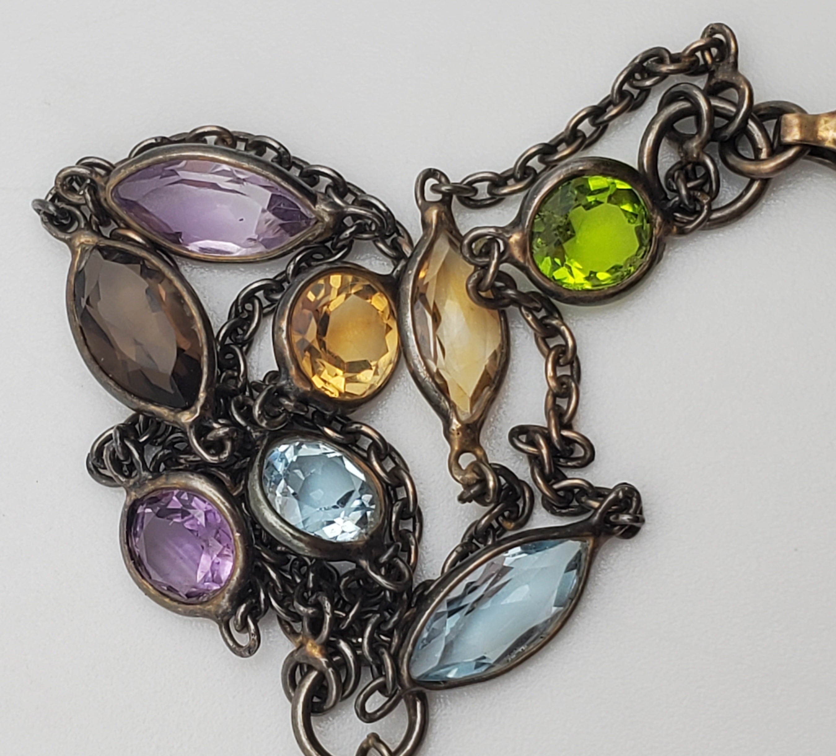 Vintage Double Strand Gemstone Sterling Silver Chain Link Bracelet - 7 + 1"