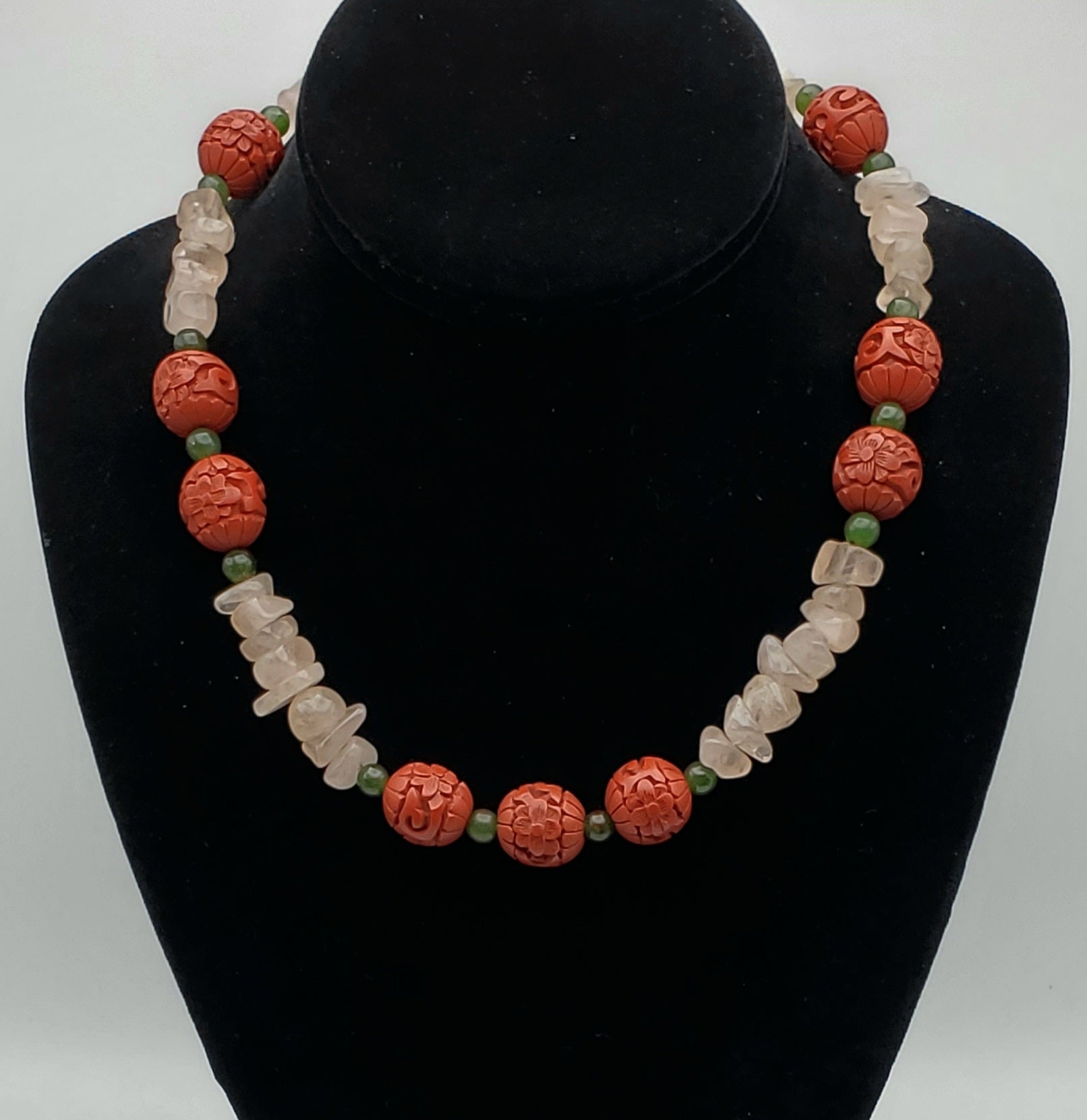 Vintage Rose Quartz, Jade and Faux Cinnabar Bead Necklace - 18"