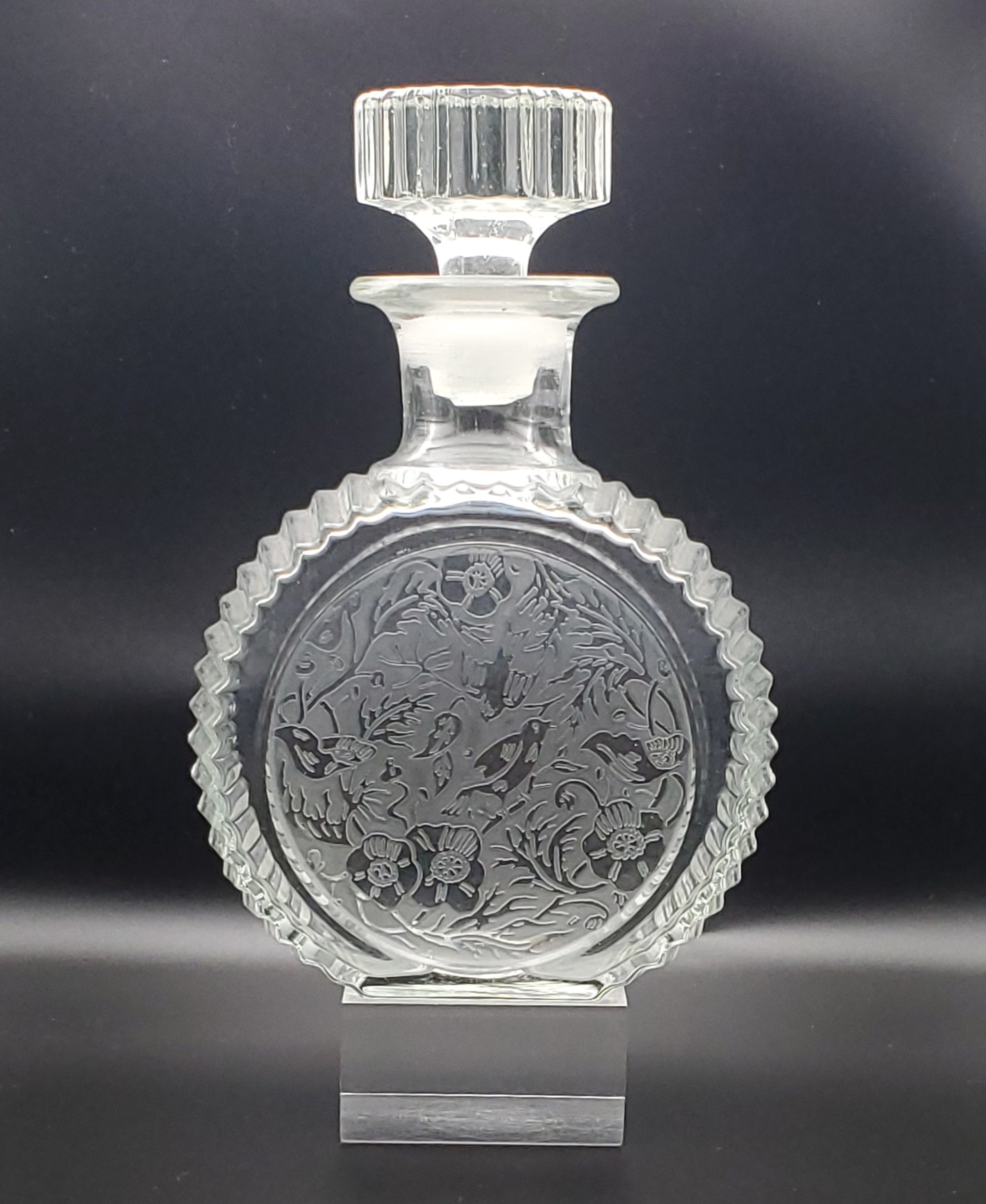 Vintage Etched Glass Decanter Birds and Floral Motif