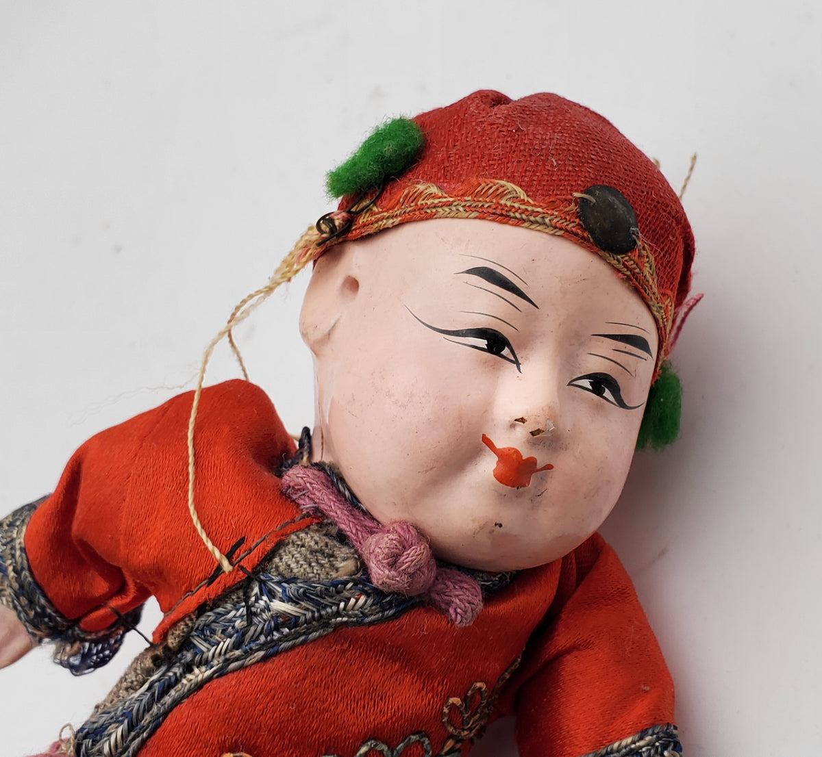 ANTIQUE CHINESE DOLL Paper Mache Head Hands Legs Painted top Eyes Lips Hair Wig Stuffed Body Silk Jacket Frog Pants Slippers Red Blue Embroidery