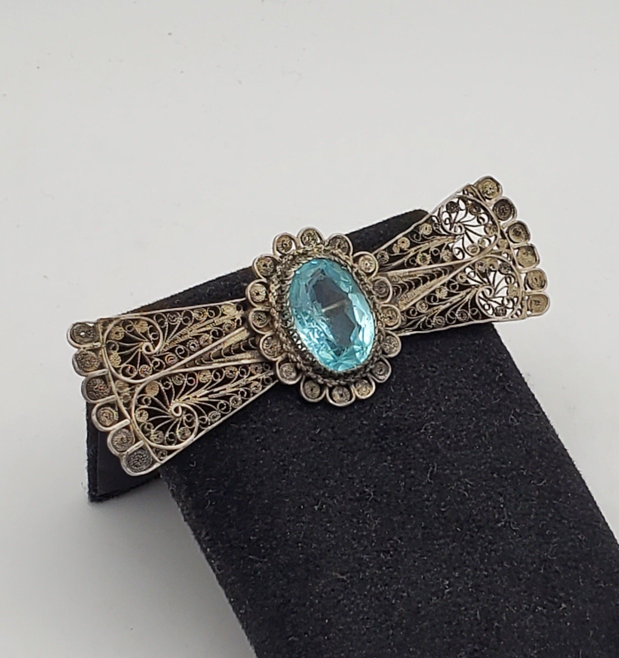 Vintage Handmade Filigree Imitation Aquamarine Brooch
