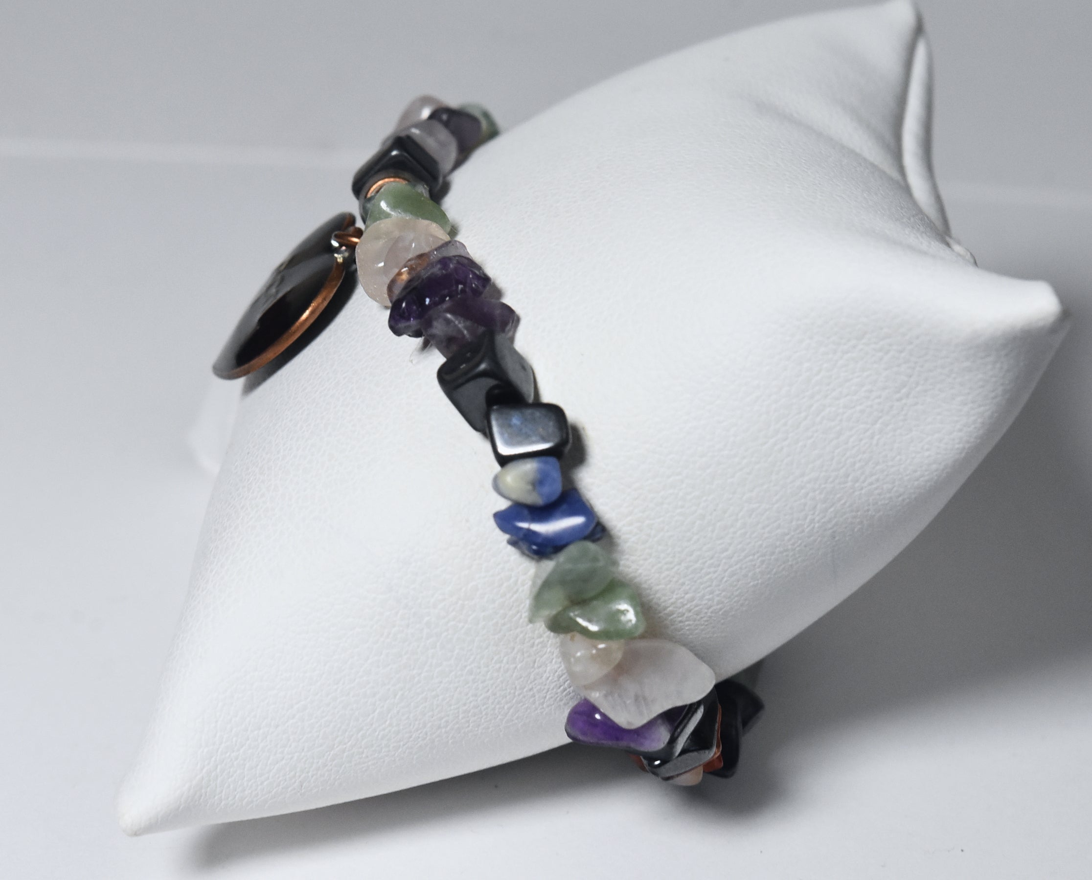 "April" Black Enamel Heart Charm Gemstone Bead Stretch Bracelet