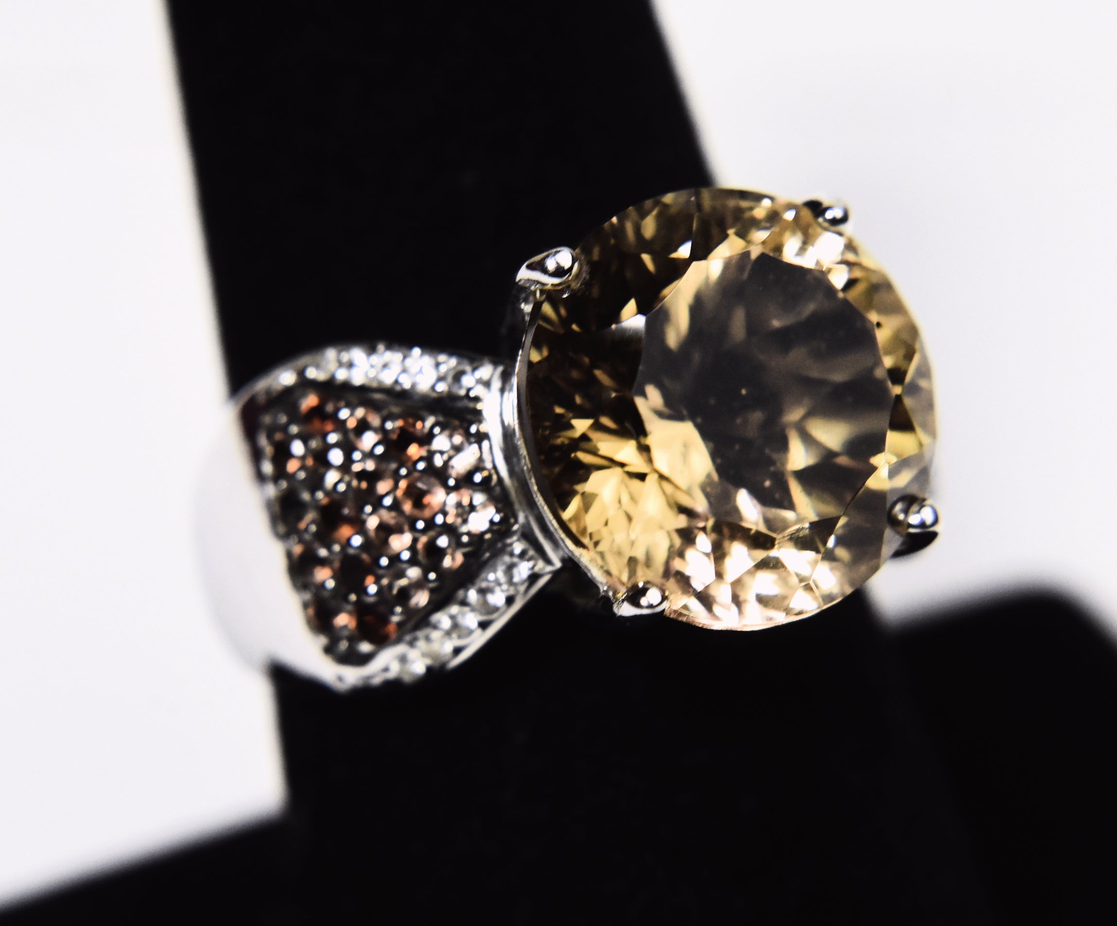 Large Round Cut Citrine, Andalusite and Topaz Sterling Silver Ring - Size 7.75