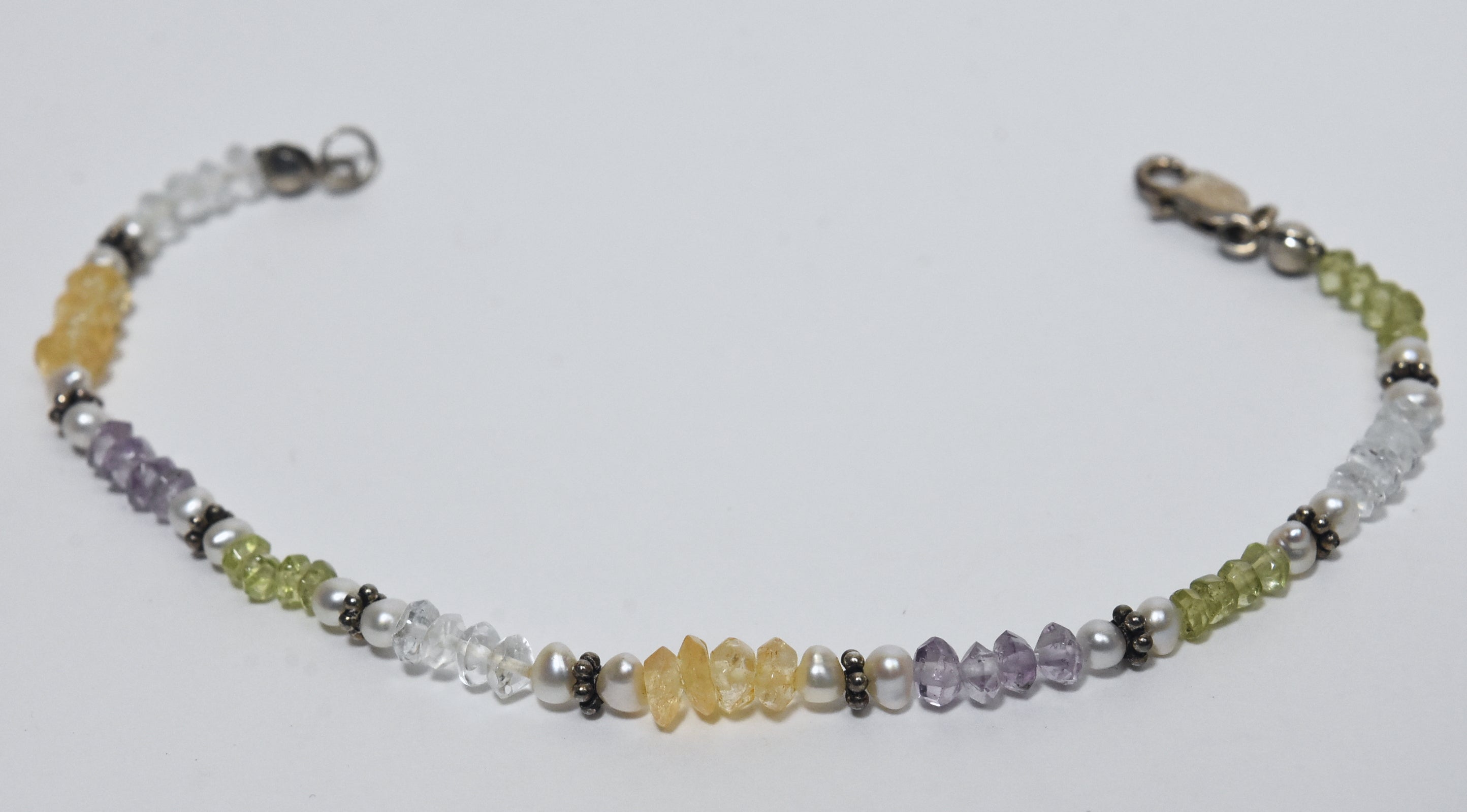 Peridot, Citrine, Amethyst, Quartz, Pearl and Silver Beaded Bracelet