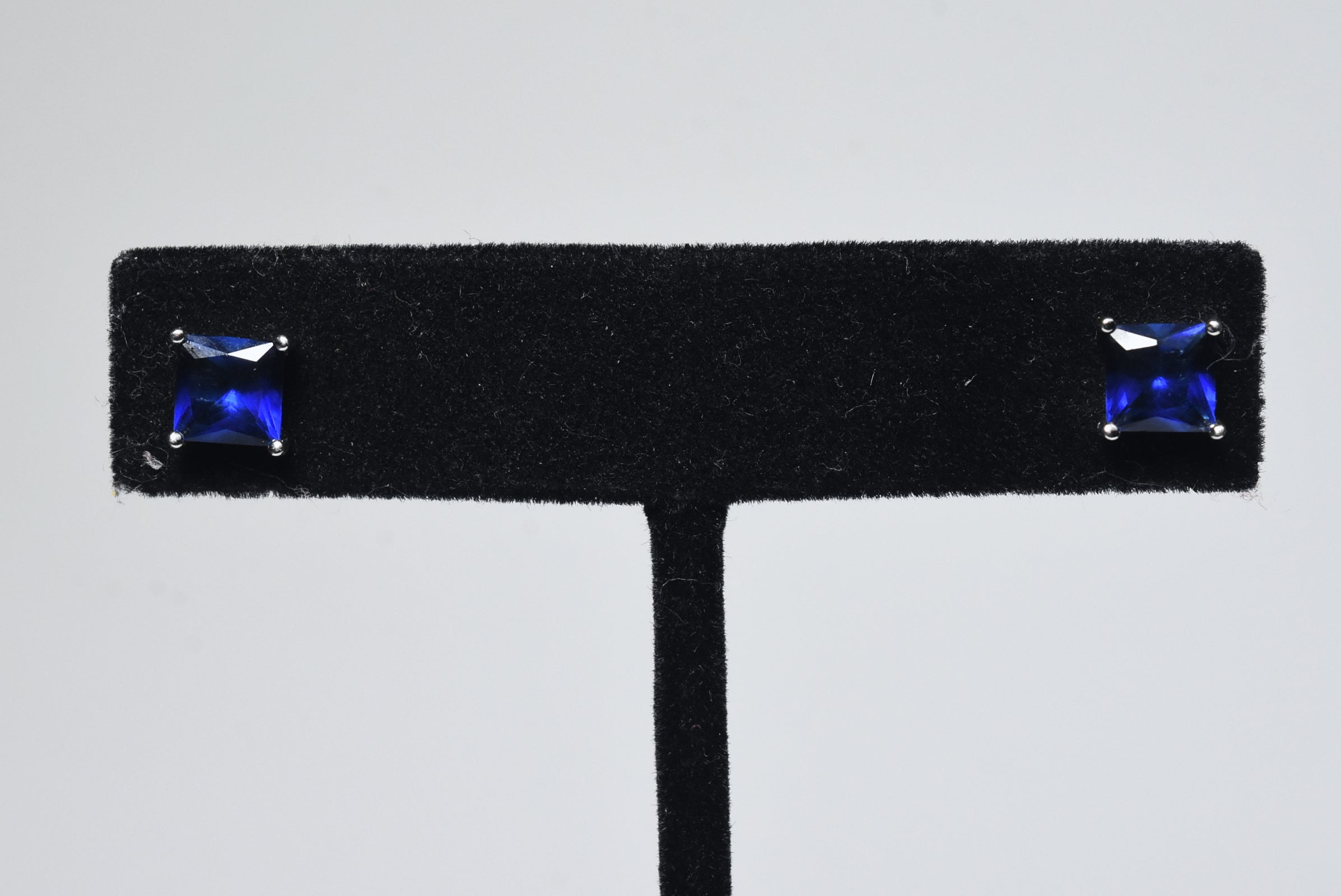 Sterling Silver Square Cut Simulated Blue Sapphire Stud Earrings