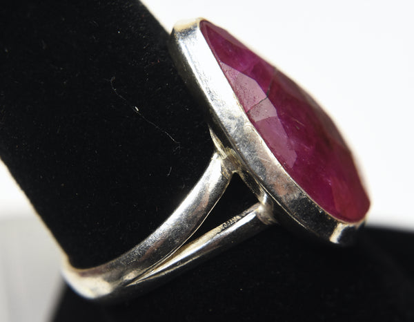 Sterling Silver Checkerboard Faceted Ruby Ring - Size 8.5