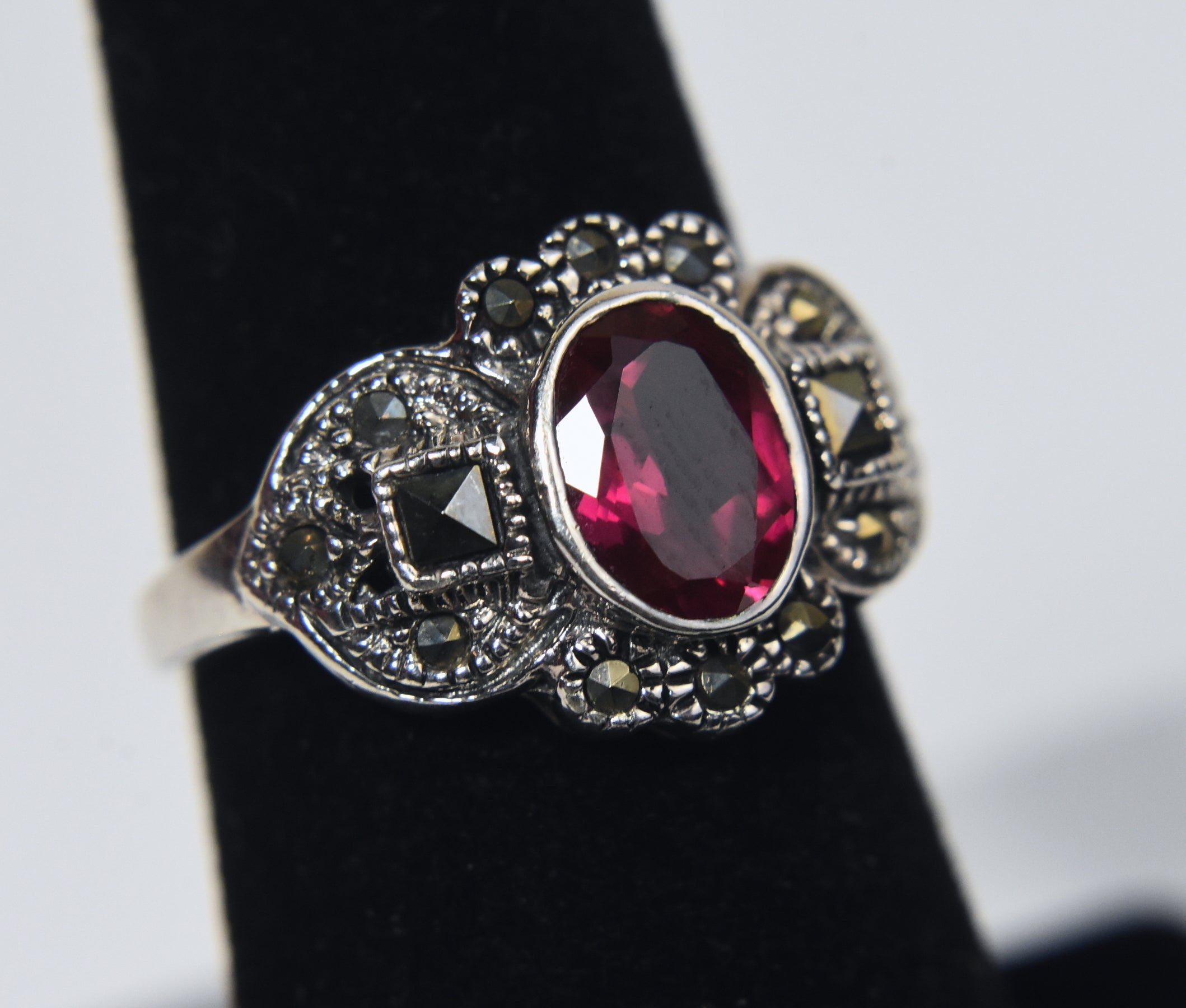 Sterling Silver Art Deco Synthetic Ruby and Marcasite Ring - Size 5.75