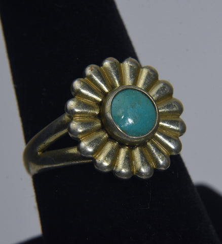 Silver Turquoise Enamel Flower Ring - Size 8.25